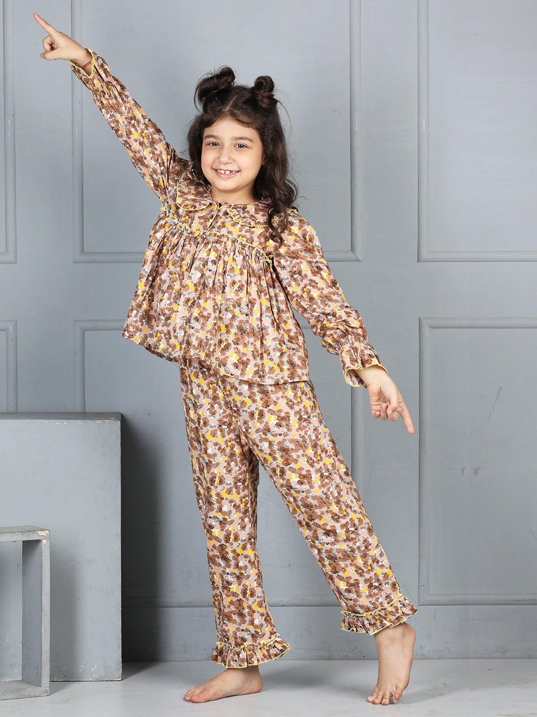 Cutiekins Girls Shirt Style Floral Printed Top With Printed Palazzo Nightsuit -Brown & Yellow