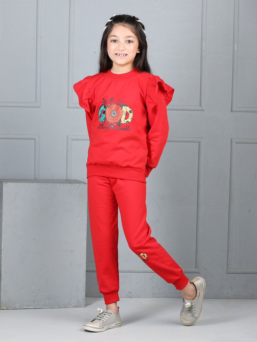 Cutiekins Girls Graphic Print Cozy Tracksuit -Red & Blue
