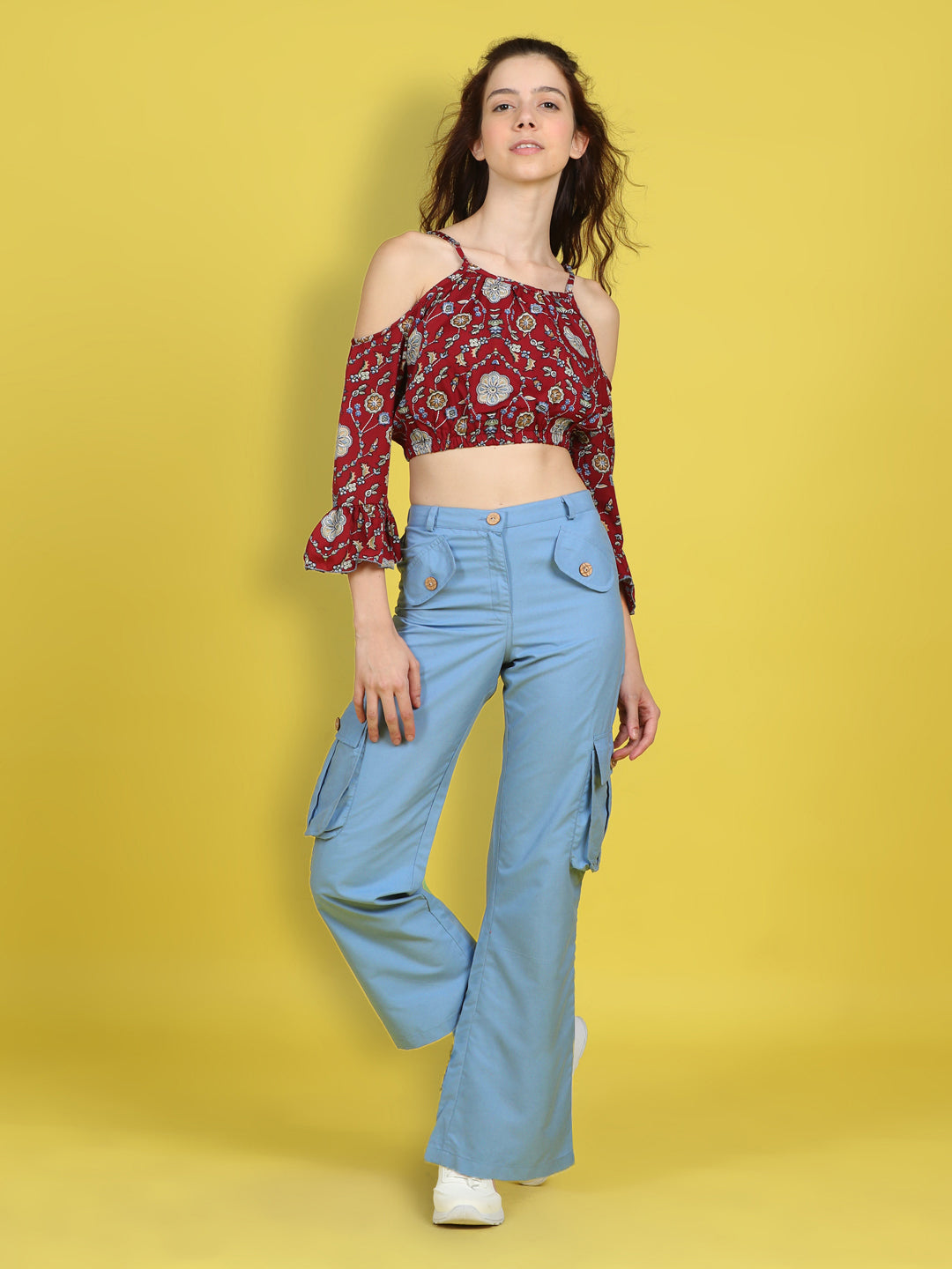 Cutiekins Girls Trendy Bold Look Crop Top With Solid Cargo -Maroon & Sky Blue