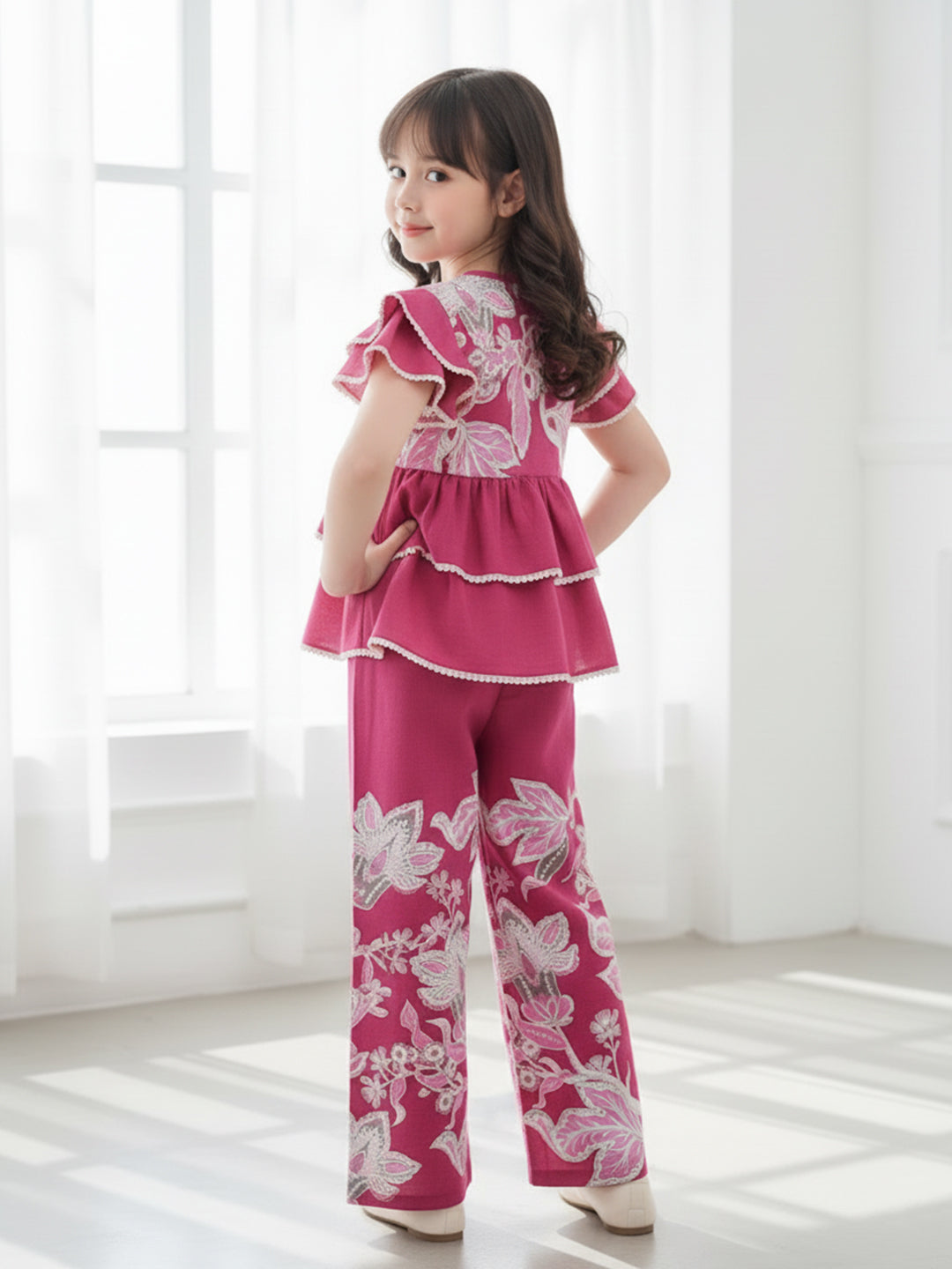 Cutiekins Girls Trendy Floral Print Peplum Top and Straight Leg Pants Co-Ord Set - Pink & White