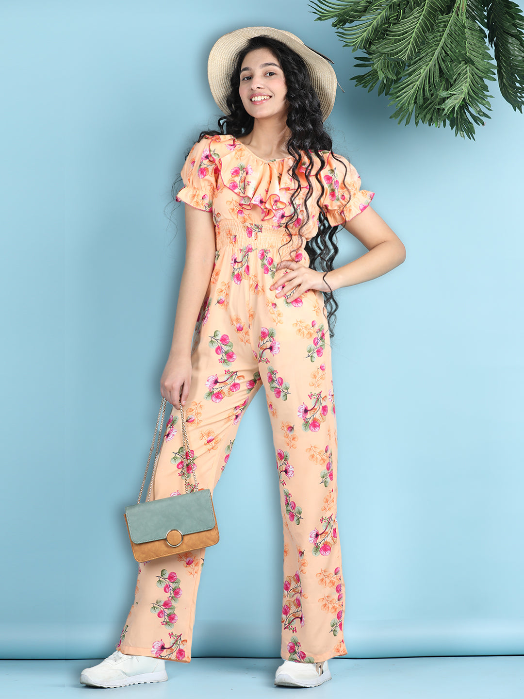 Cutiekins Girls Stylish Flora Print Embellished Jumpsuit -Peach & Pink
