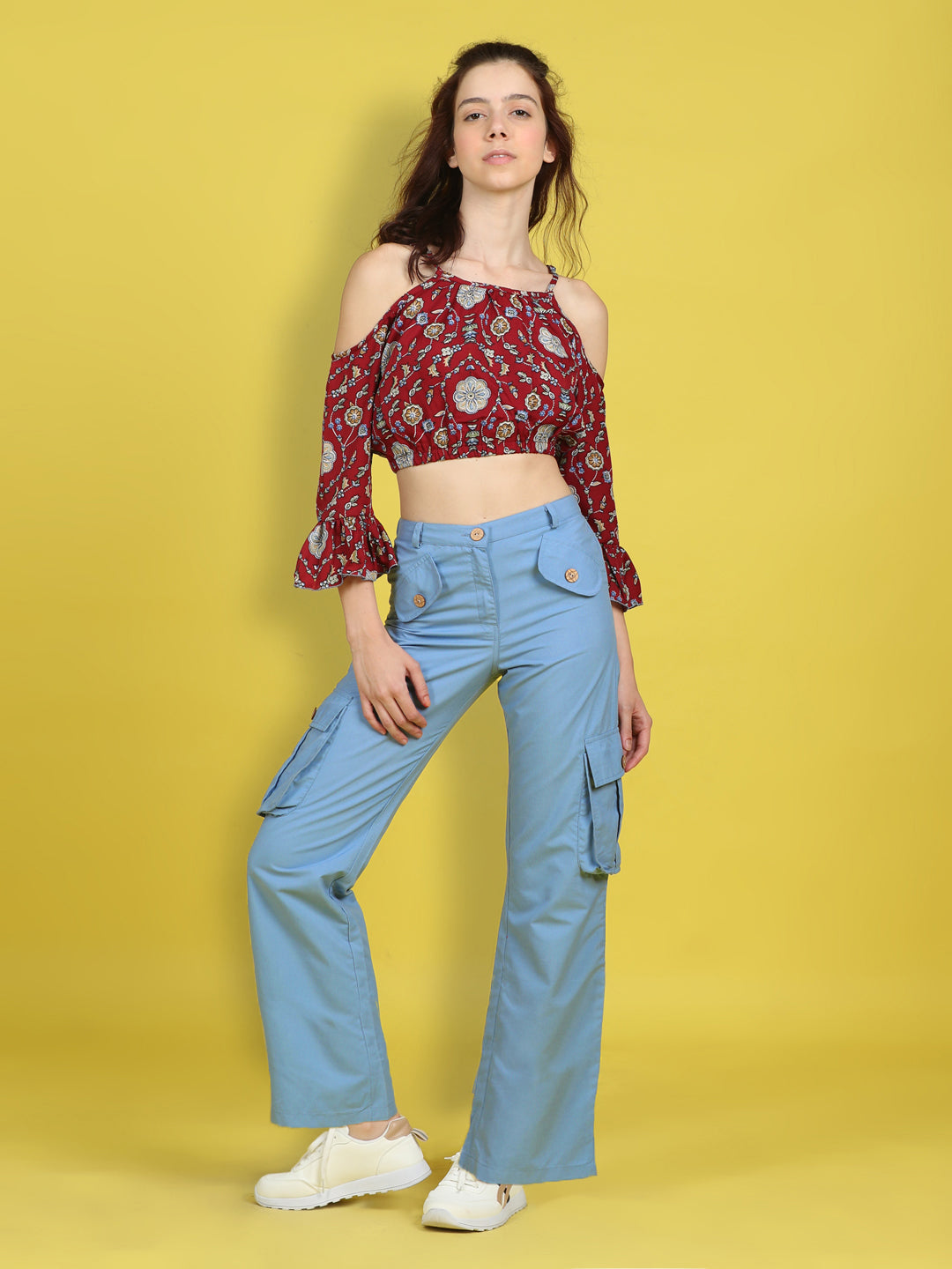Cutiekins Girls Trendy Bold Look Crop Top With Solid Cargo -Maroon & Sky Blue