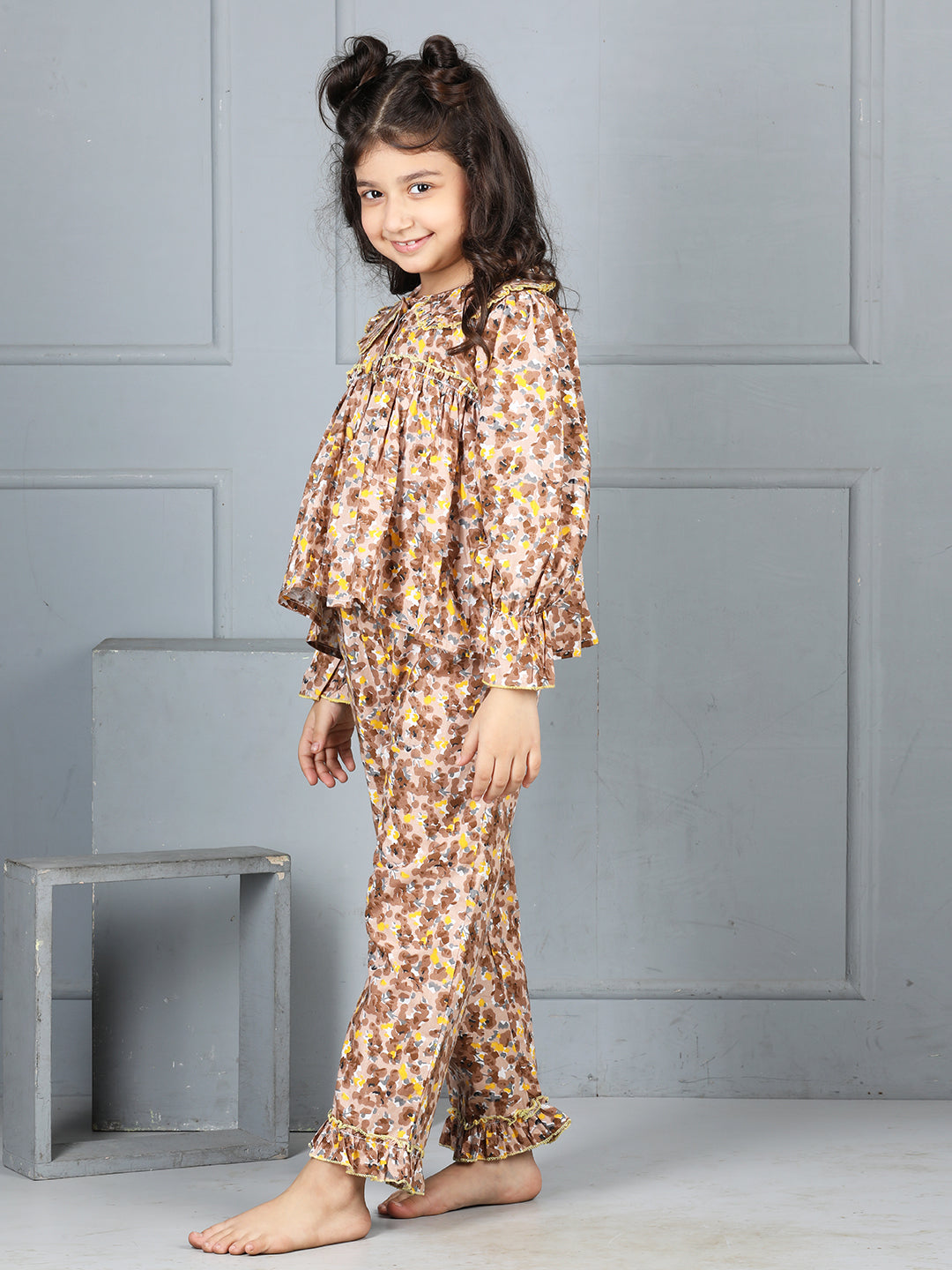 Cutiekins Girls Shirt Style Floral Printed Top With Printed Palazzo Nightsuit -Brown & Yellow
