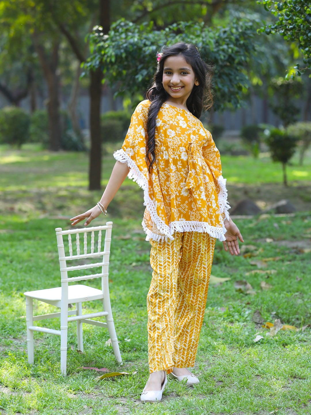 Cutiekins Girls Trendy Floral Print Kaftan Kurta and Palazzo Set -Mustard & Off White