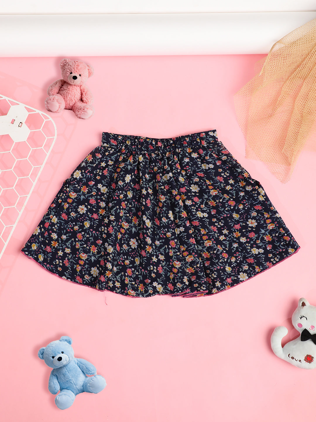 Cutiekins Girls Floral Print Embellished Skirt- Navy & Multi
