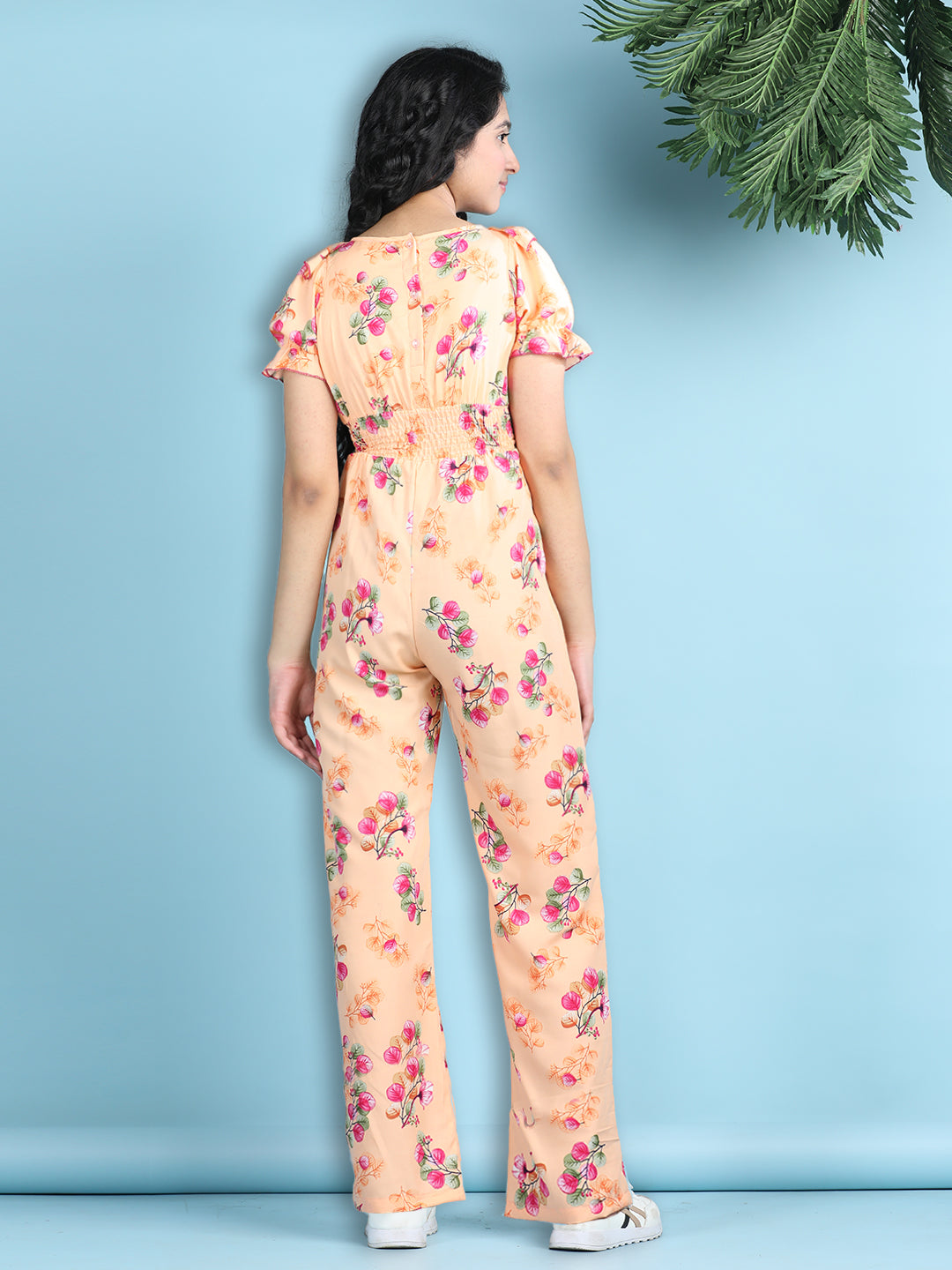 Cutiekins Girls Stylish Flora Print Embellished Jumpsuit -Peach & Pink