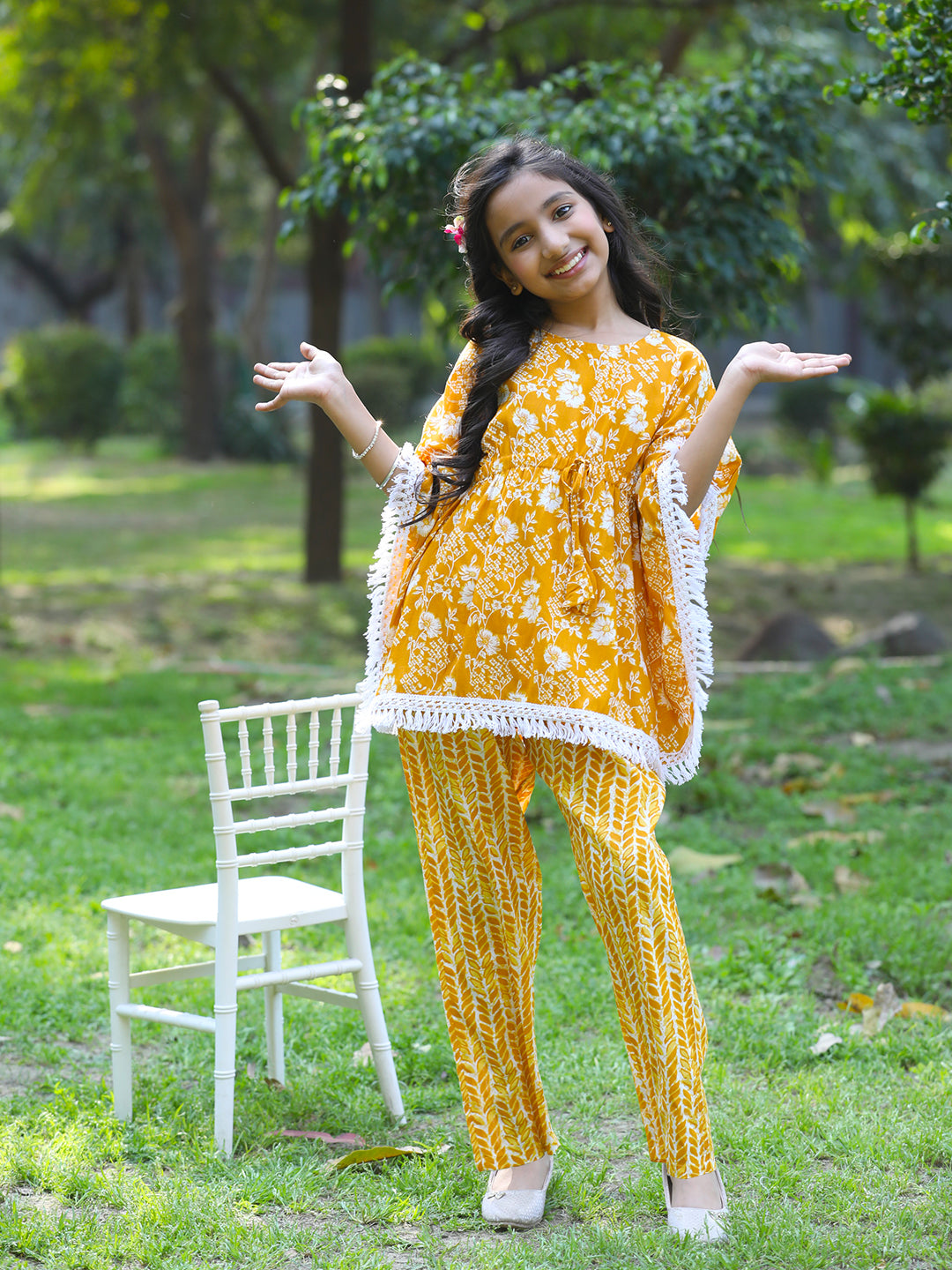 Cutiekins Girls Trendy Floral Print Kaftan Kurta and Palazzo Set -Mustard & Off White