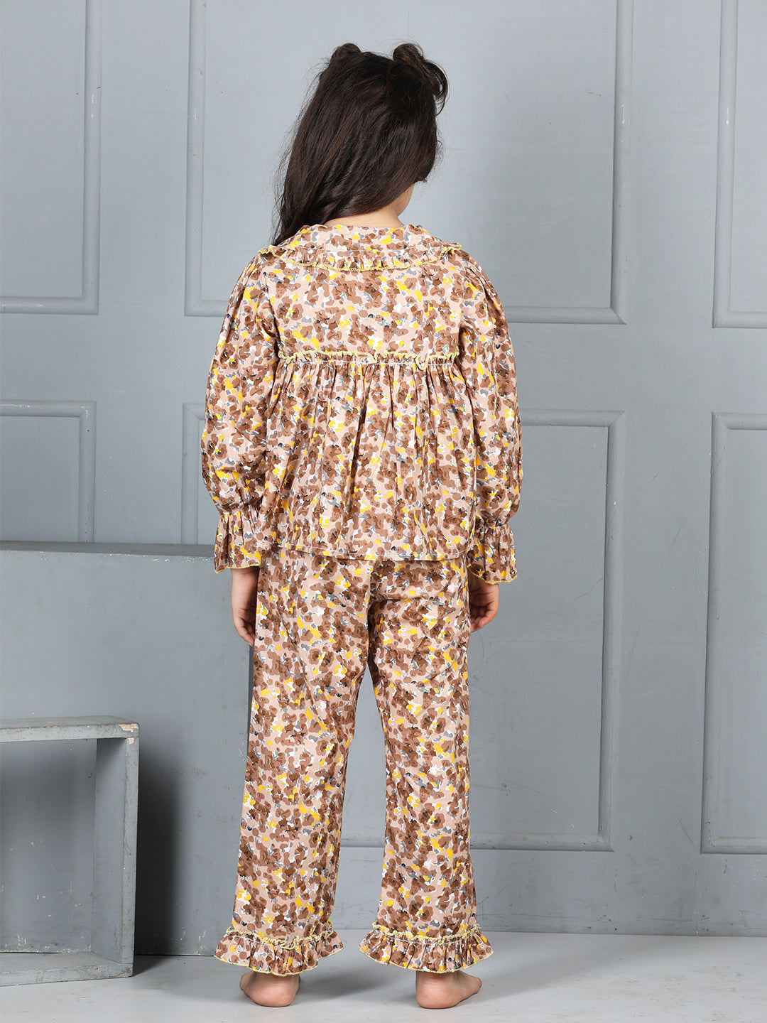 Cutiekins Girls Shirt Style Floral Printed Top With Printed Palazzo Nightsuit -Brown & Yellow