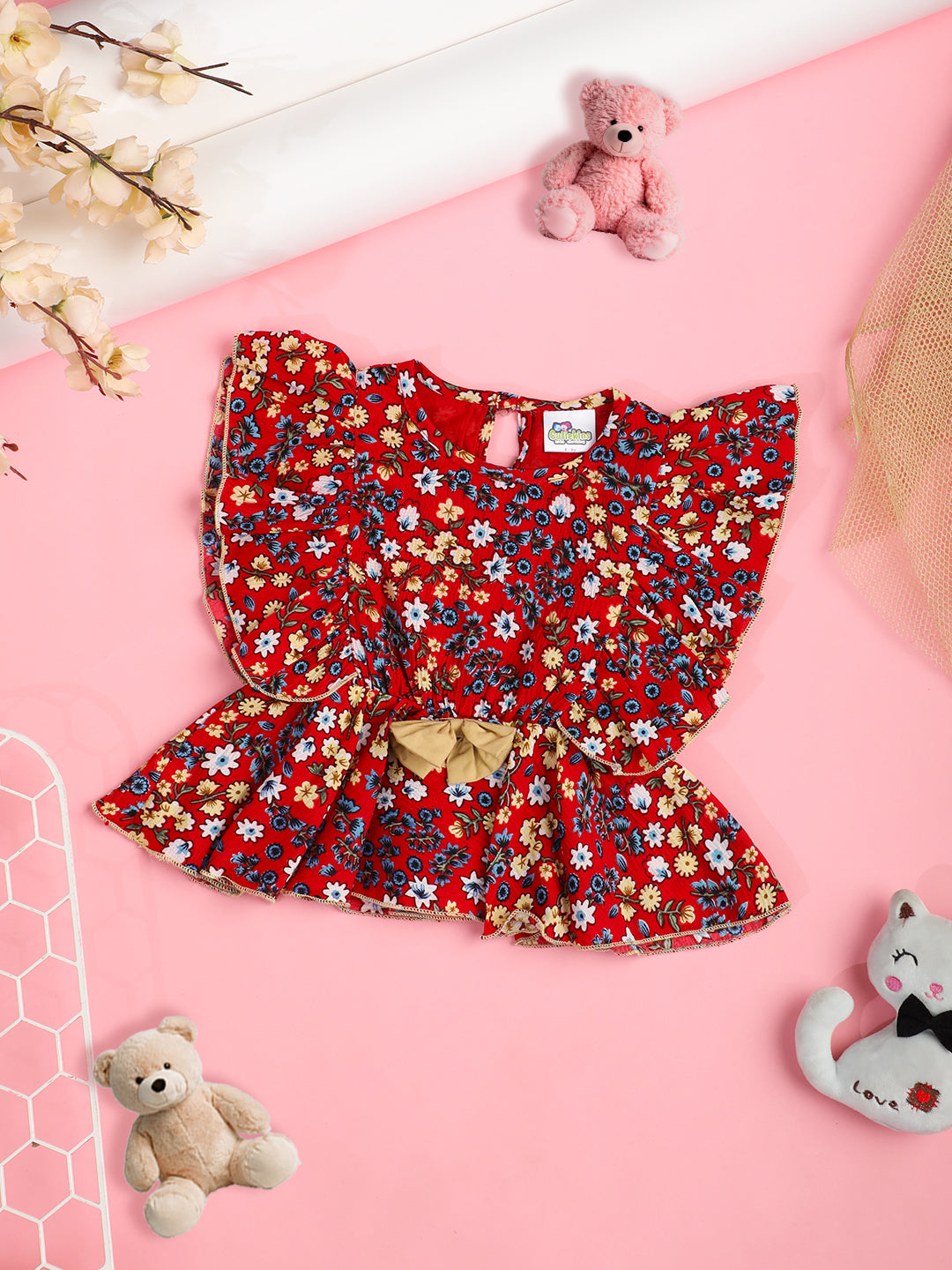 Cutiekins Girls Floral Printed Embellished Ruffles Crop Top -Red & Multi