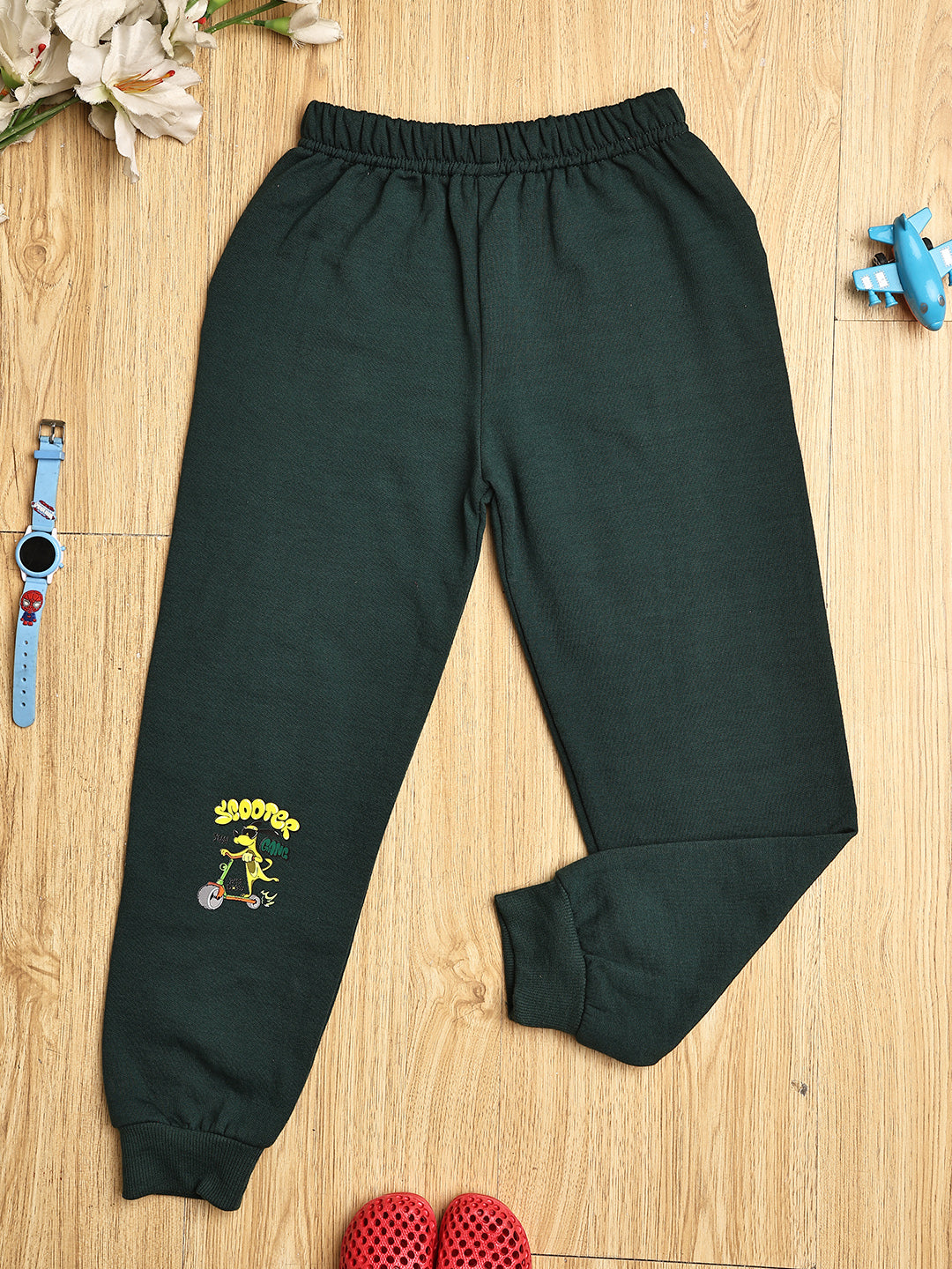 Cutiekins Boys Graphic Print cozy Trackpant -Dark Green