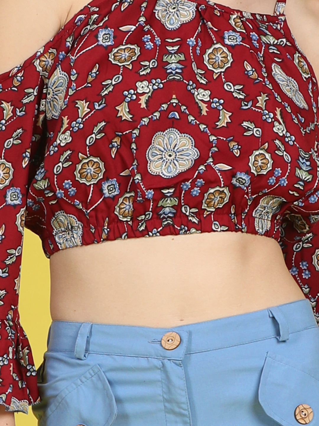 Cutiekins Girls Trendy Bold Look Crop Top With Solid Cargo -Maroon & Sky Blue