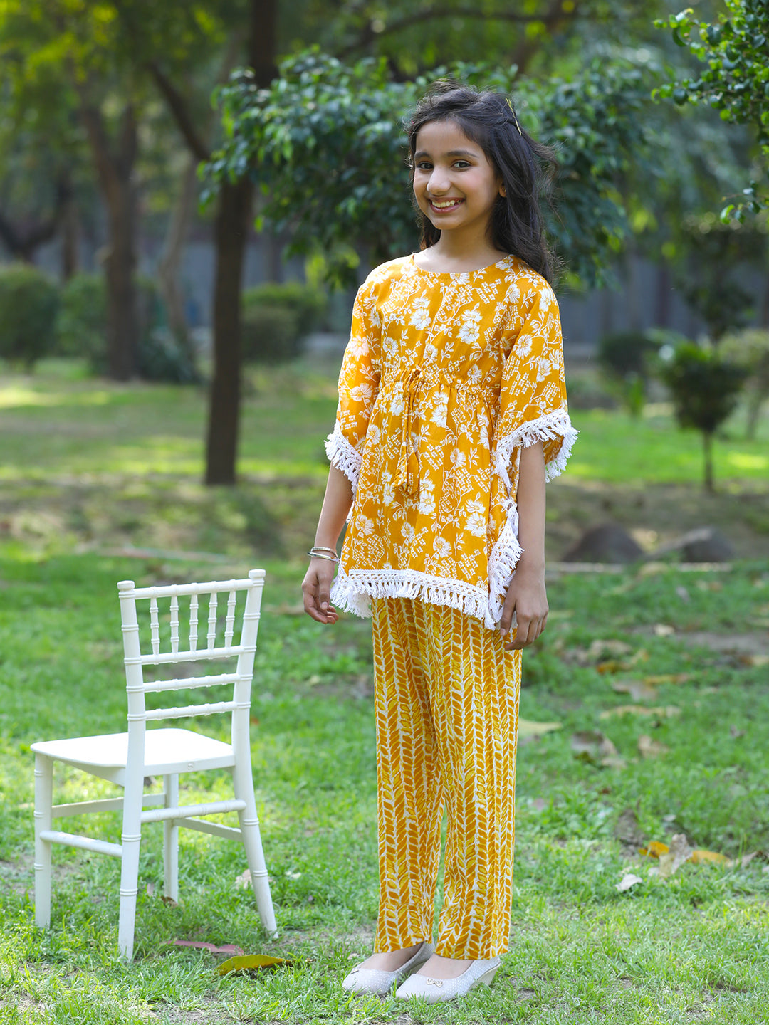 Cutiekins Girls Trendy Floral Print Kaftan Kurta and Palazzo Set -Mustard & Off White