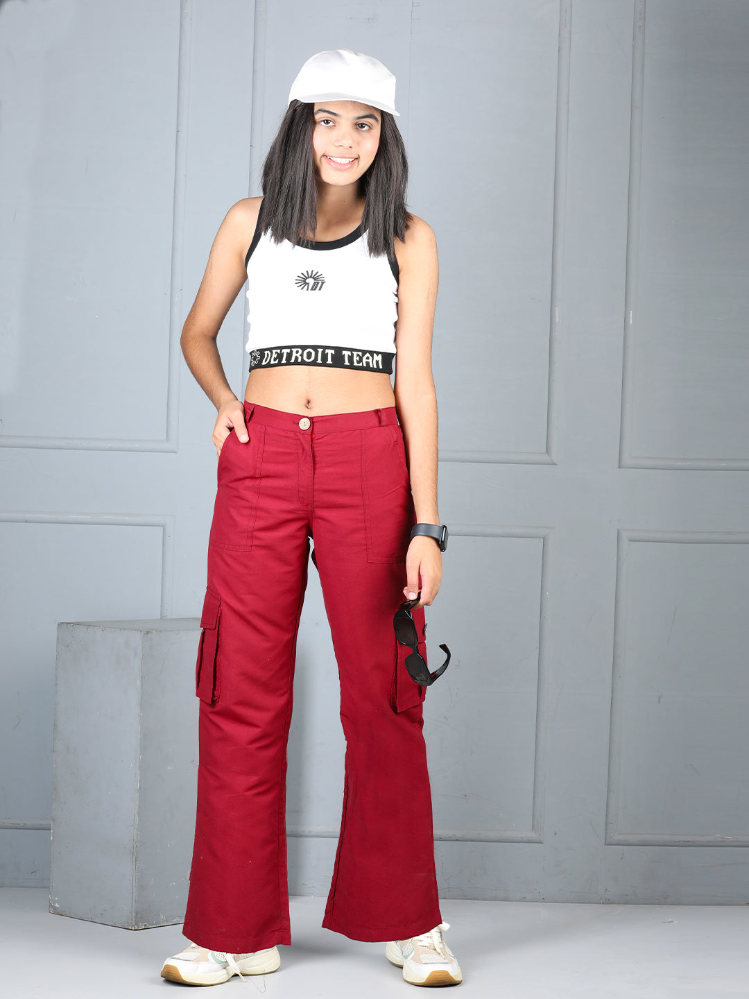 Cutiekins Girls Solid Polycotton Casual Cargo Pant -Maroon