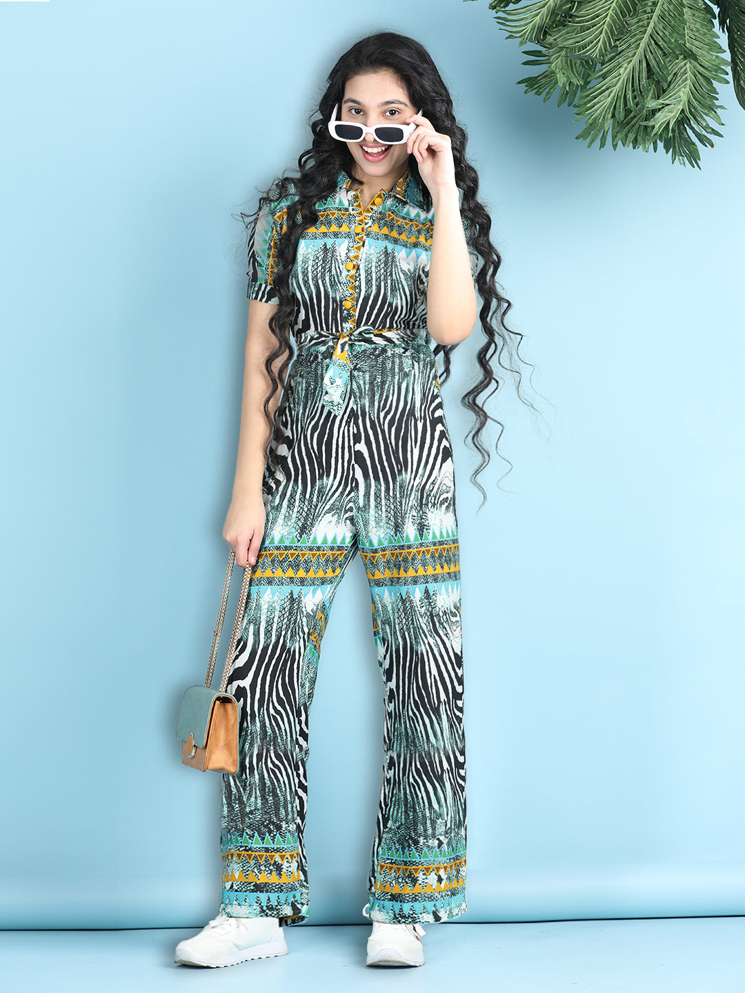 Cutiekins Girls Stylish Abstract Print Embellished Jumpsuit -Black & Blue