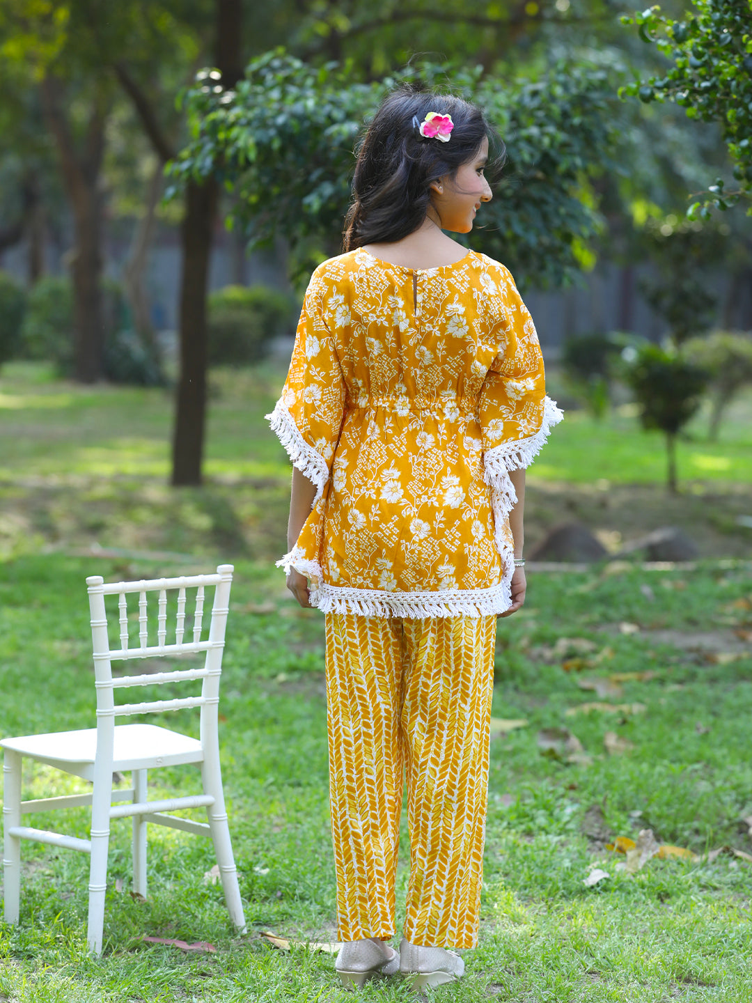 Cutiekins Girls Trendy Floral Print Kaftan Kurta and Palazzo Set -Mustard & Off White