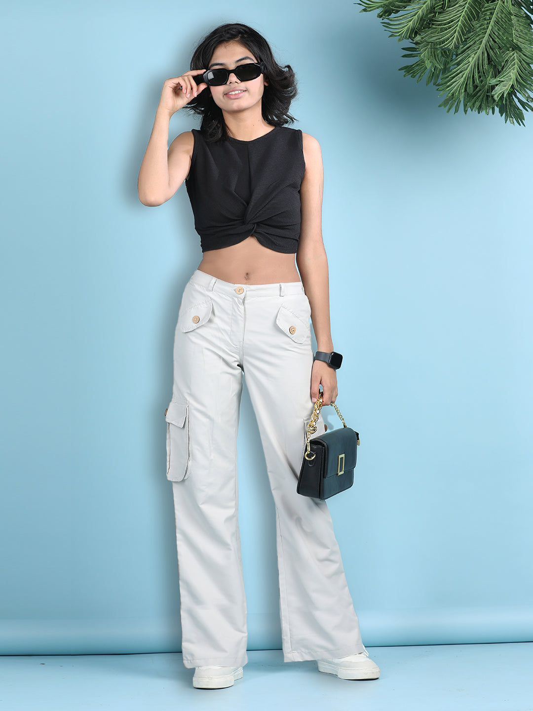 Cutiekins Girls Solid Embellished Top with Solid Cargo -Black & White