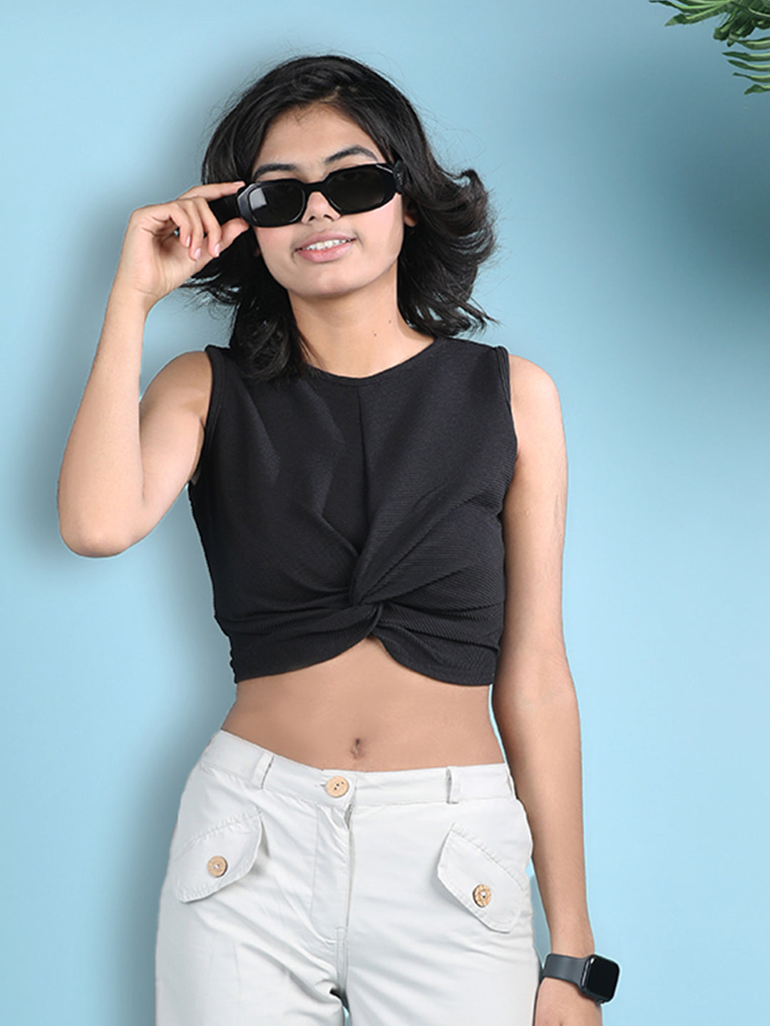 Cutiekins Girls Solid Embellished Gathered Style Crop Top -Black