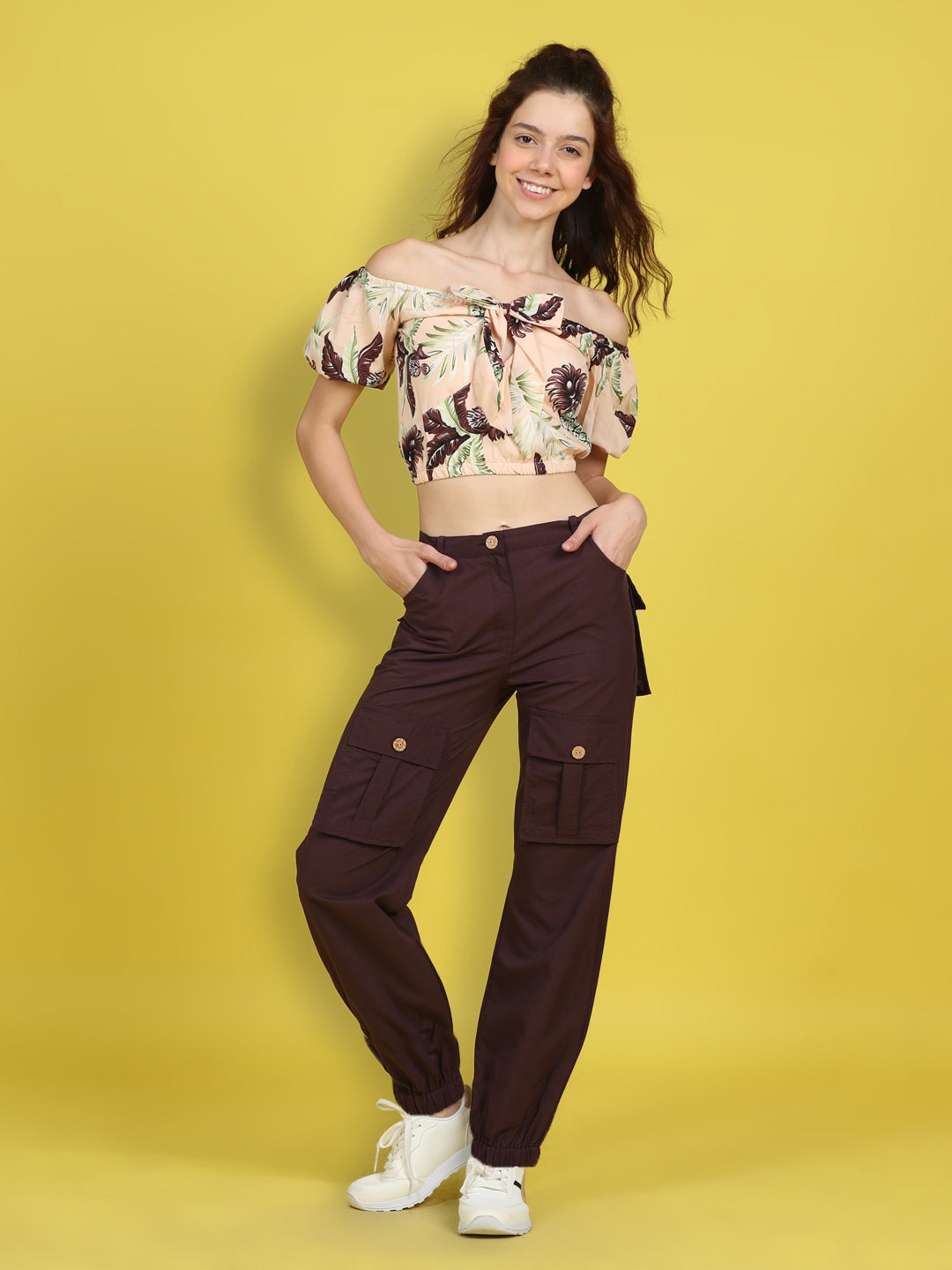 Cutiekins Girls Trendy Bold Look Crop Top With Solid Cargo -Peach & Brown