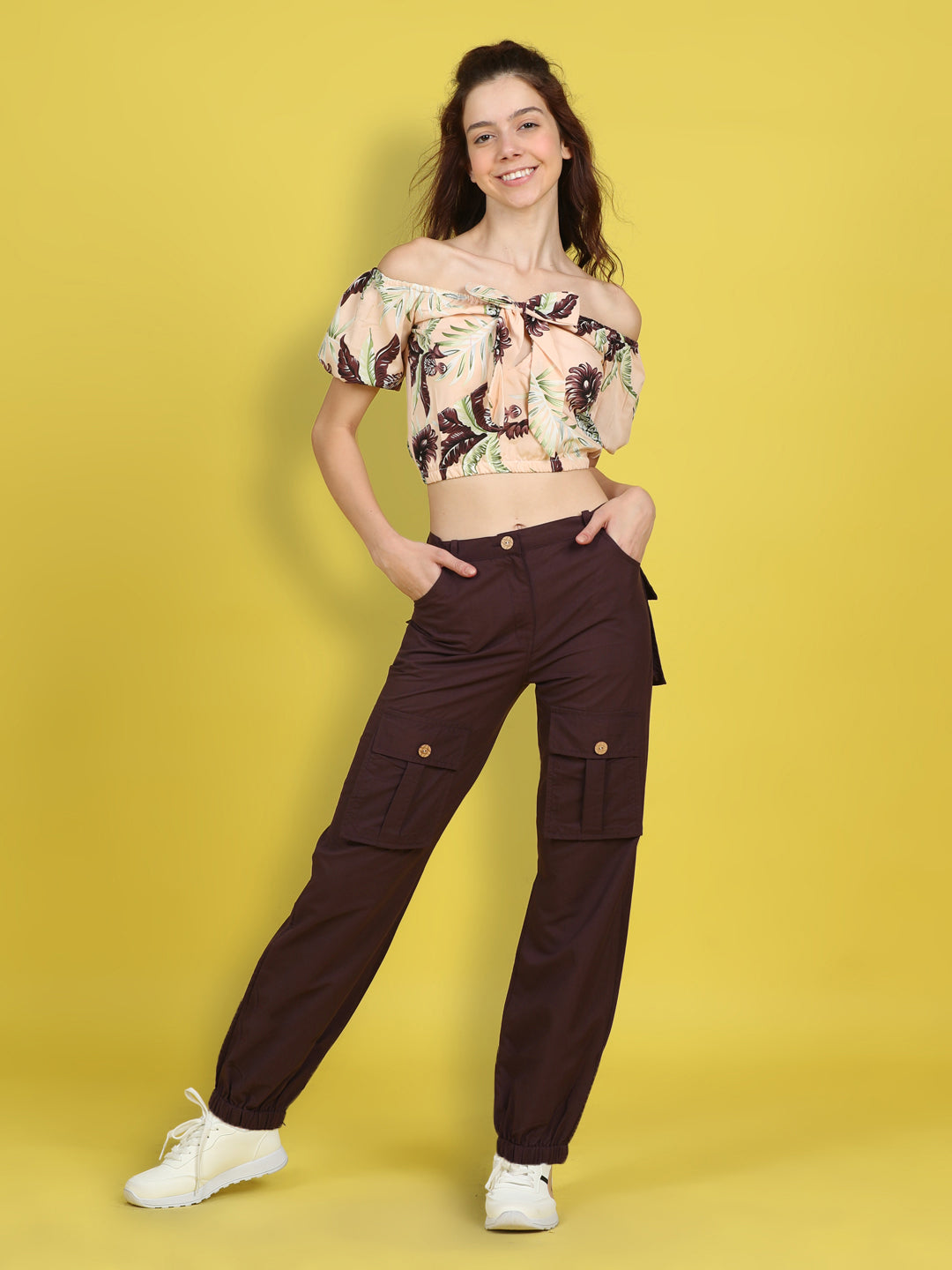 Cutiekins Girls Trendy Bold Look Crop Top With Solid Cargo -Peach & Brown