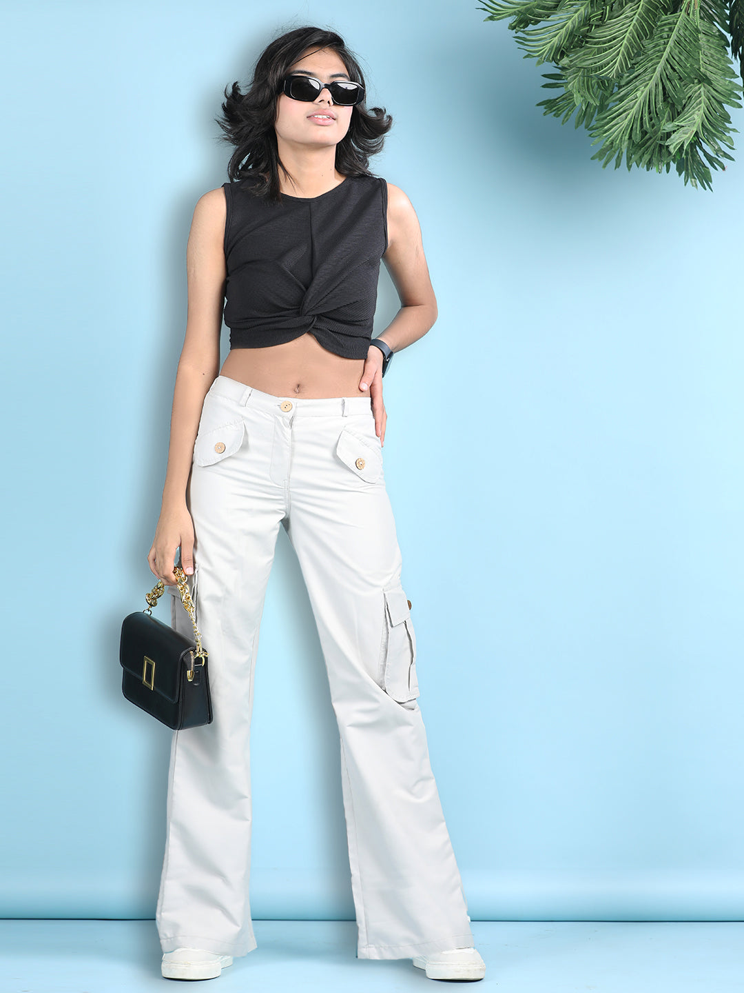 Cutiekins Girls Solid Embellished Top with Solid Cargo -Black & White