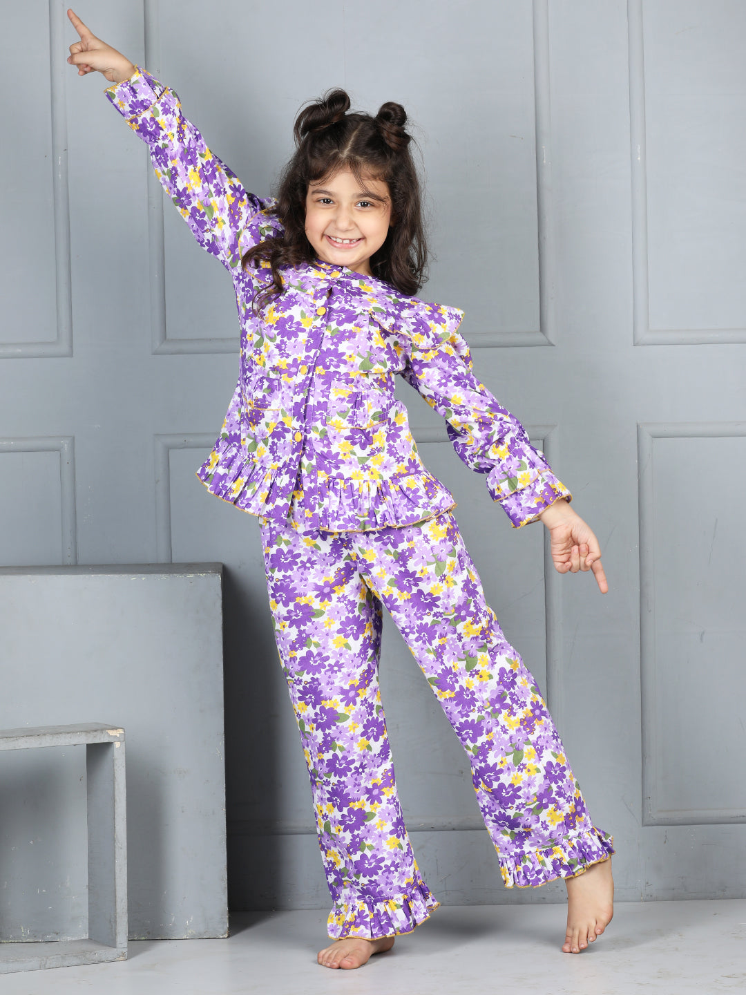 Cutiekins Girls Shirt Style Floral Printed Top With Printed Palazzo Nightsuit -Purple & Yellow