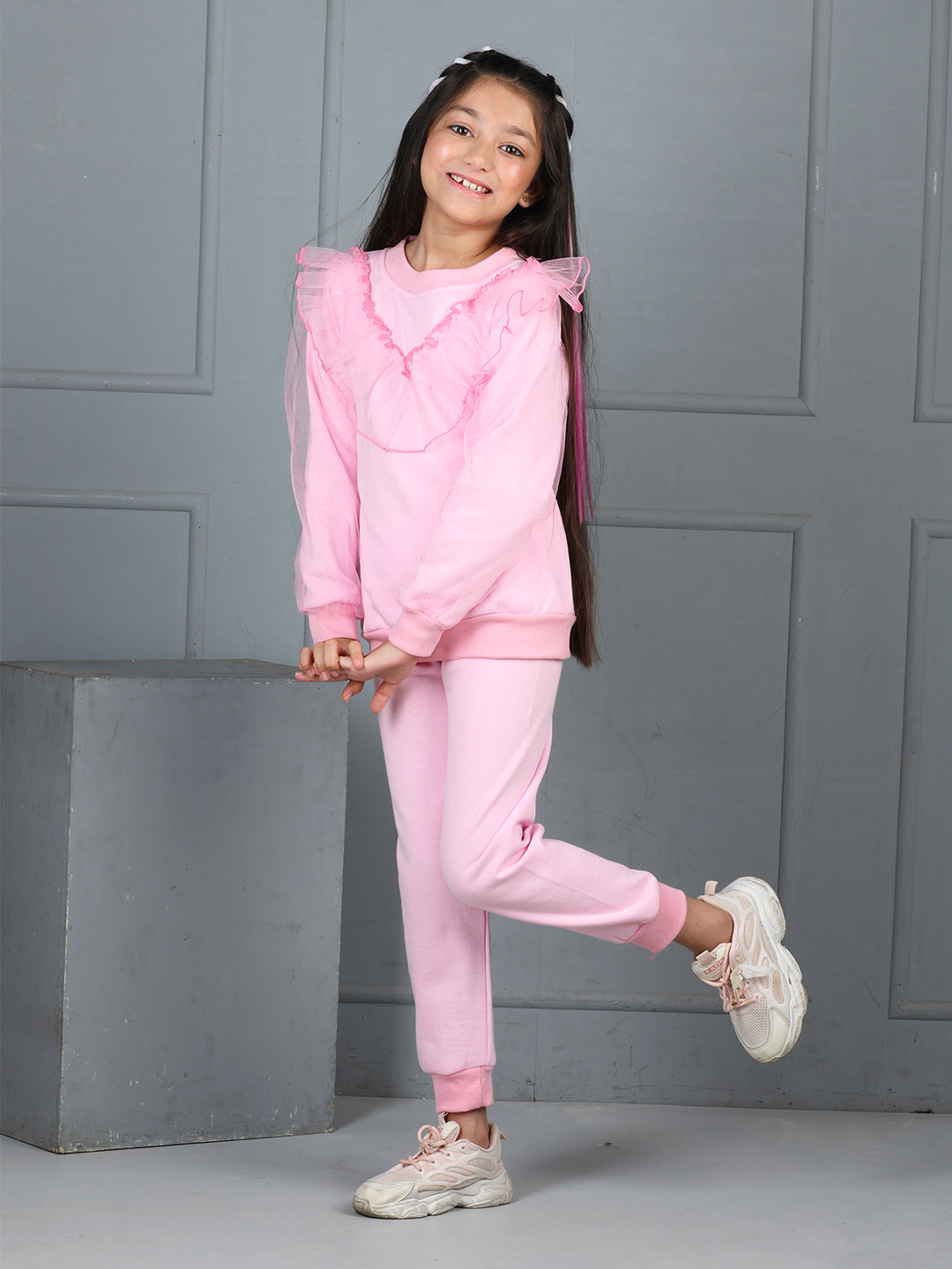 Cutiekins Girls Solid Embellished Cozy Fleece Tracksuit -Light Pink