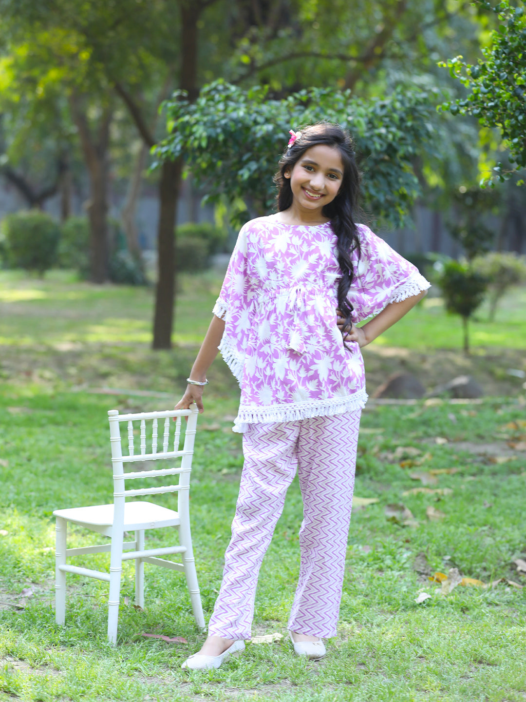Cutiekins Girls Trendy Floral Print Kaftan Kurta and Palazzo Set -White & Purple