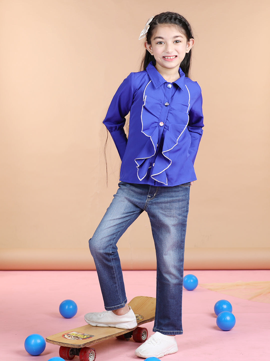 Cutiekins Polyester Front Frill Full Sleeves Top -Rayol Blue & White