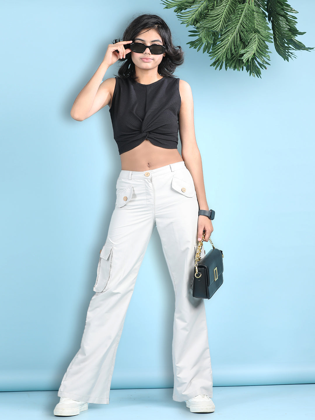 Cutiekins Girls Solid Embellished Top with Solid Cargo -Black & White