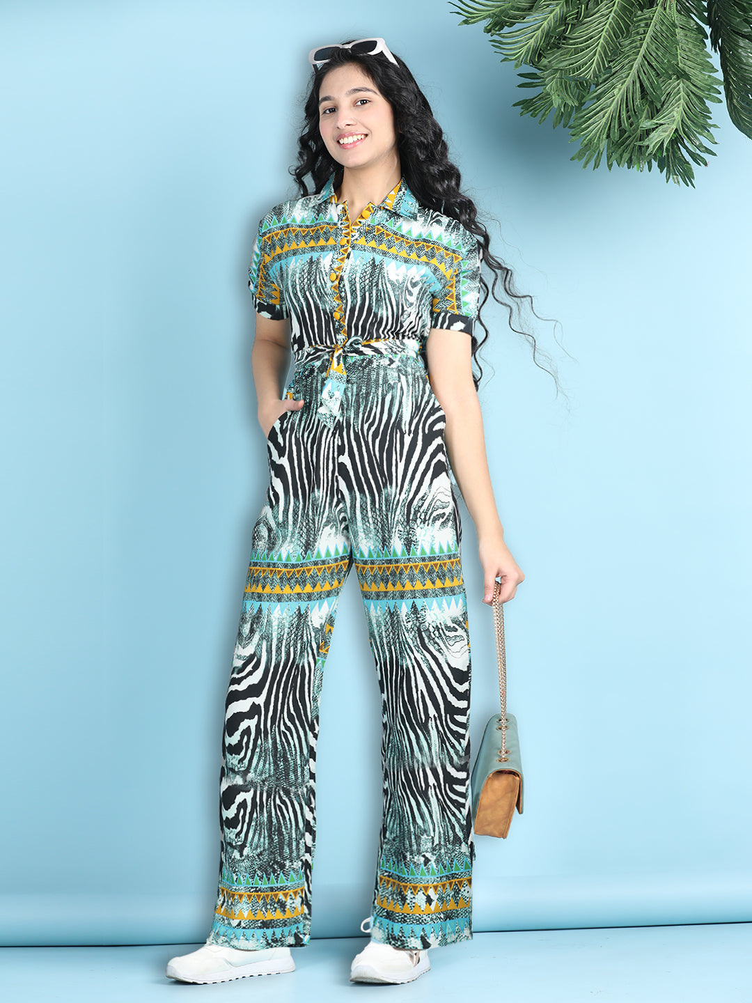 Cutiekins Girls Stylish Abstract Print Embellished Jumpsuit -Black & Blue