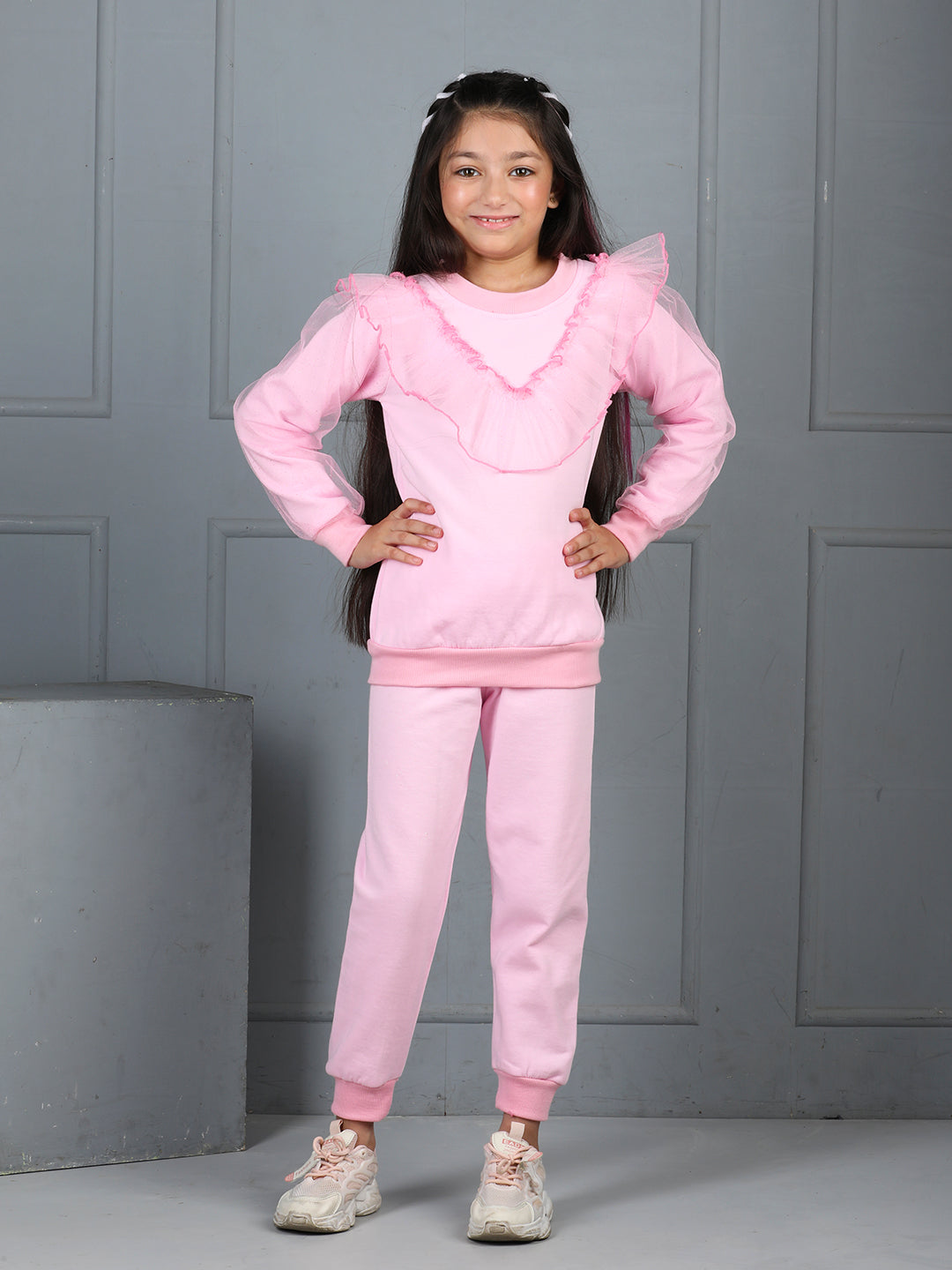 Cutiekins Girls Solid Embellished Cozy Fleece Tracksuit -Light Pink