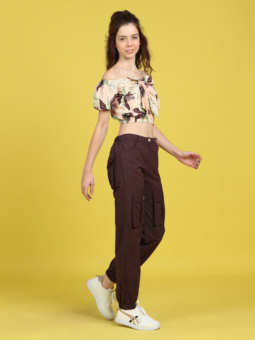 Cutiekins Girls Trendy Bold Look Crop Top With Solid Cargo -Peach & Brown