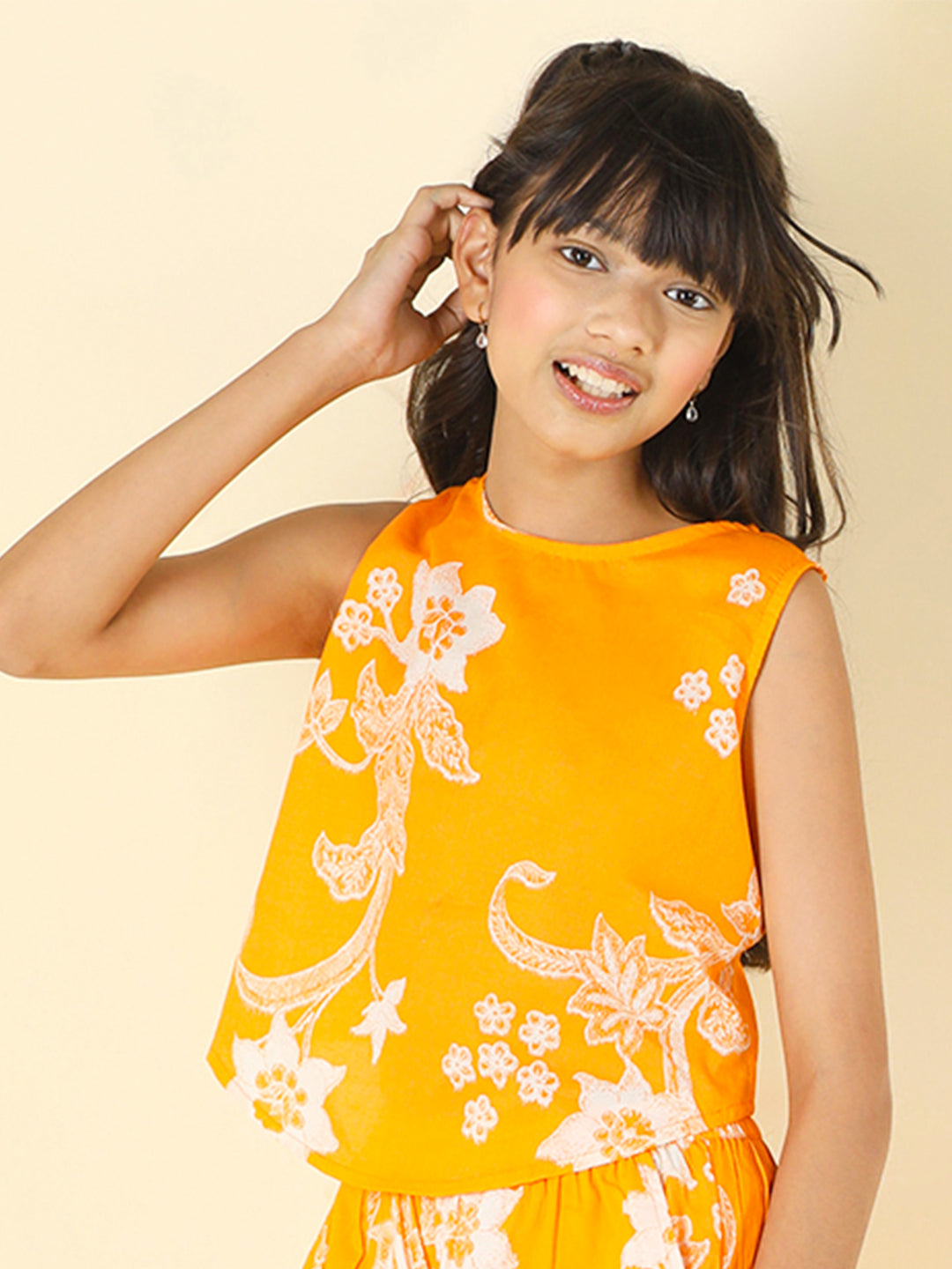 Cutiekins Girls Cotton Round Neck Printed Crop Top -Orange & White