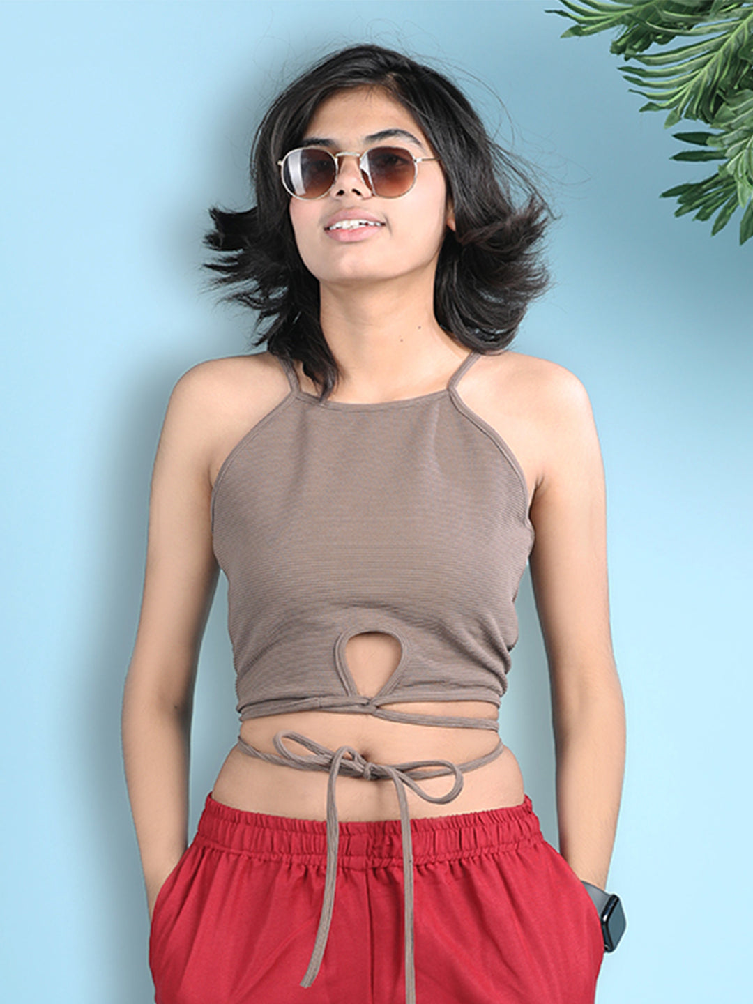 Cutiekins Girls Solid Embellished Crop Tops(Pack of 2) -White & Camel Brown