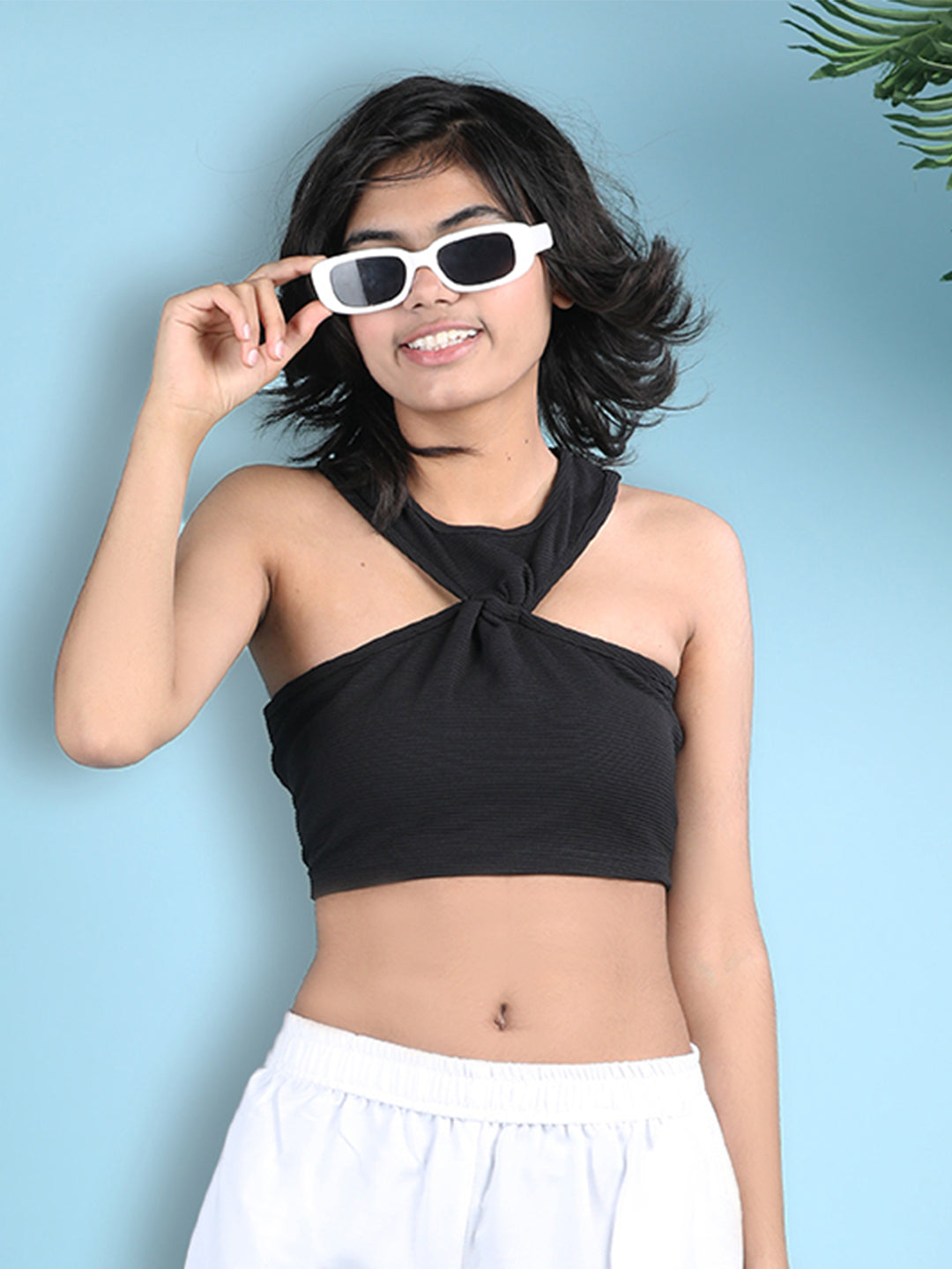 Cutiekins Girls Solid Embellished Crop Tops(Pack of 2) -Olive Green & Black