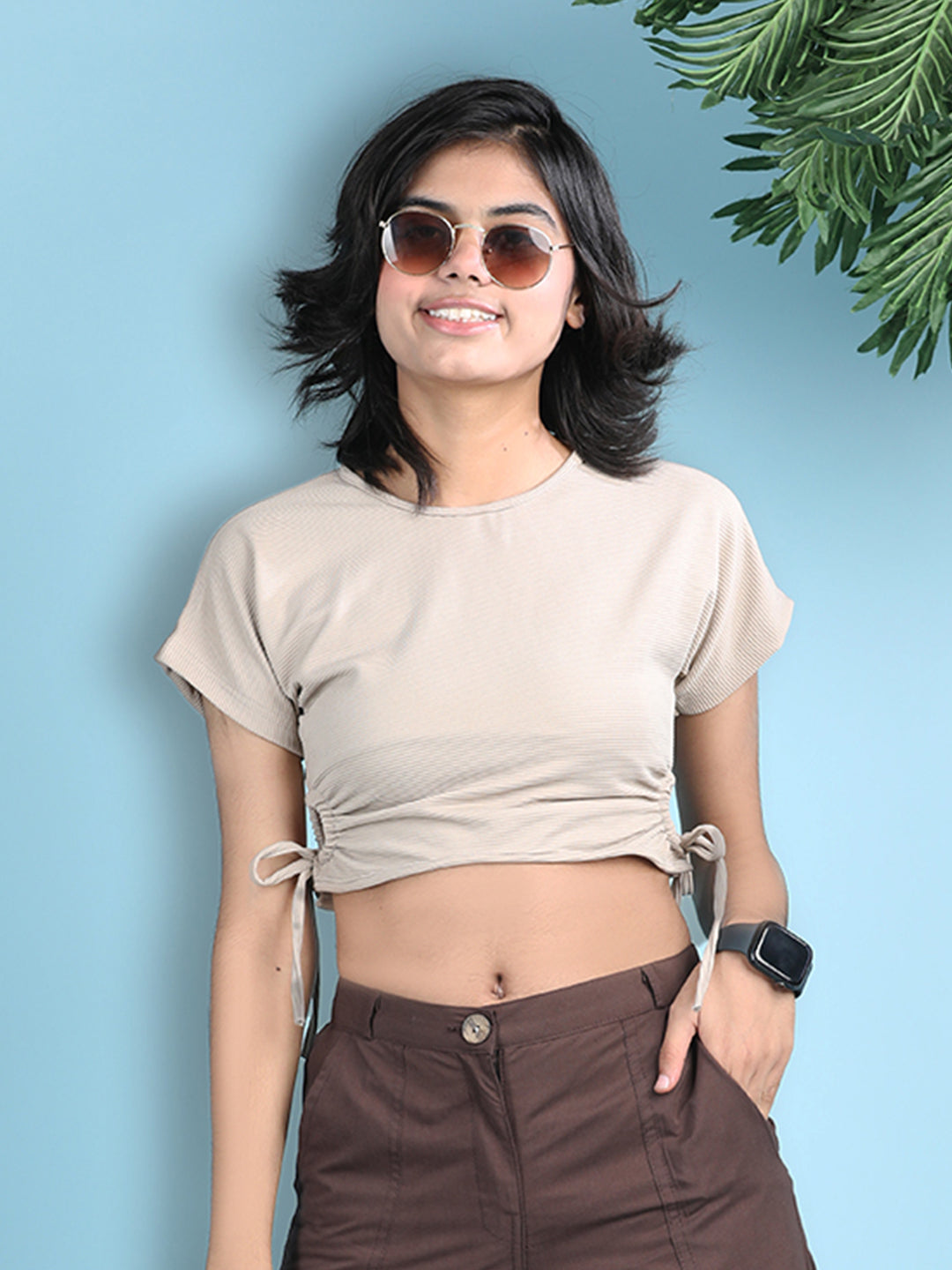 Cutiekins Girls Solid Embellished Crop Tops(Pack of 2) -Dark Green & Beige