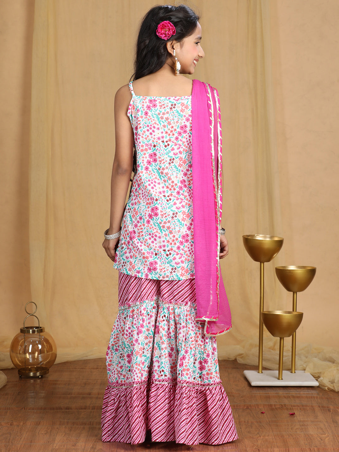 Cutiekins Girls floral Print Empire Kurta and Sharara with Dupatta -Off White & Coral Pink