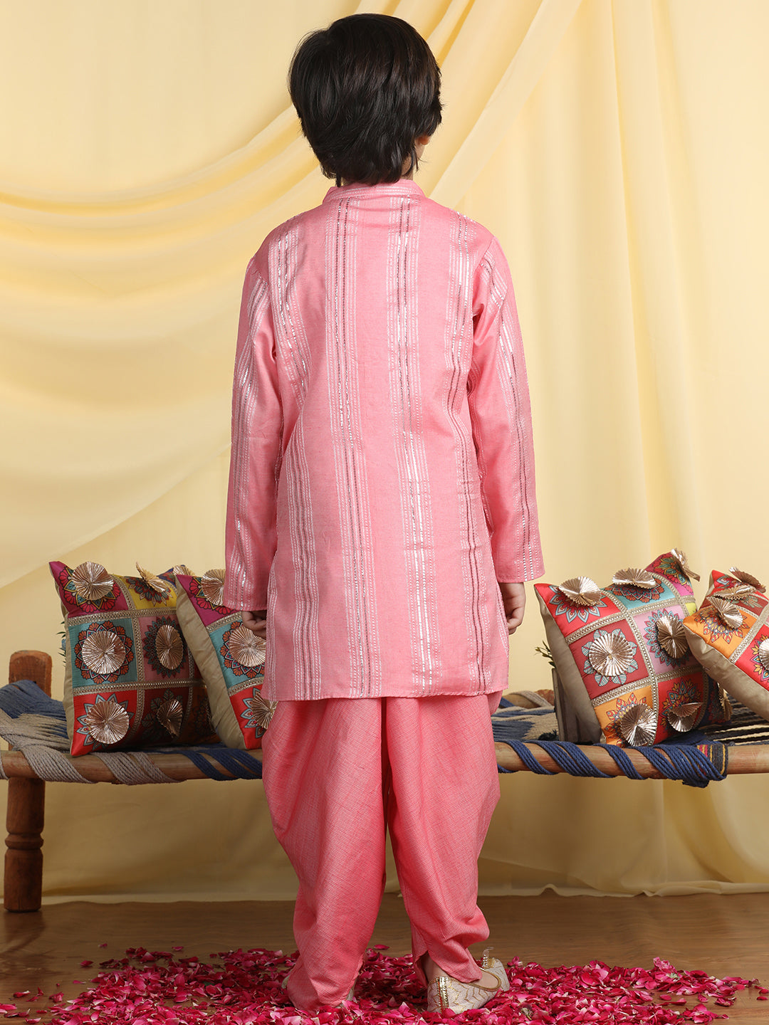 Cutiekins Boys Solid Mandarin Collar Kurta with Dhoti -Pink & Silver