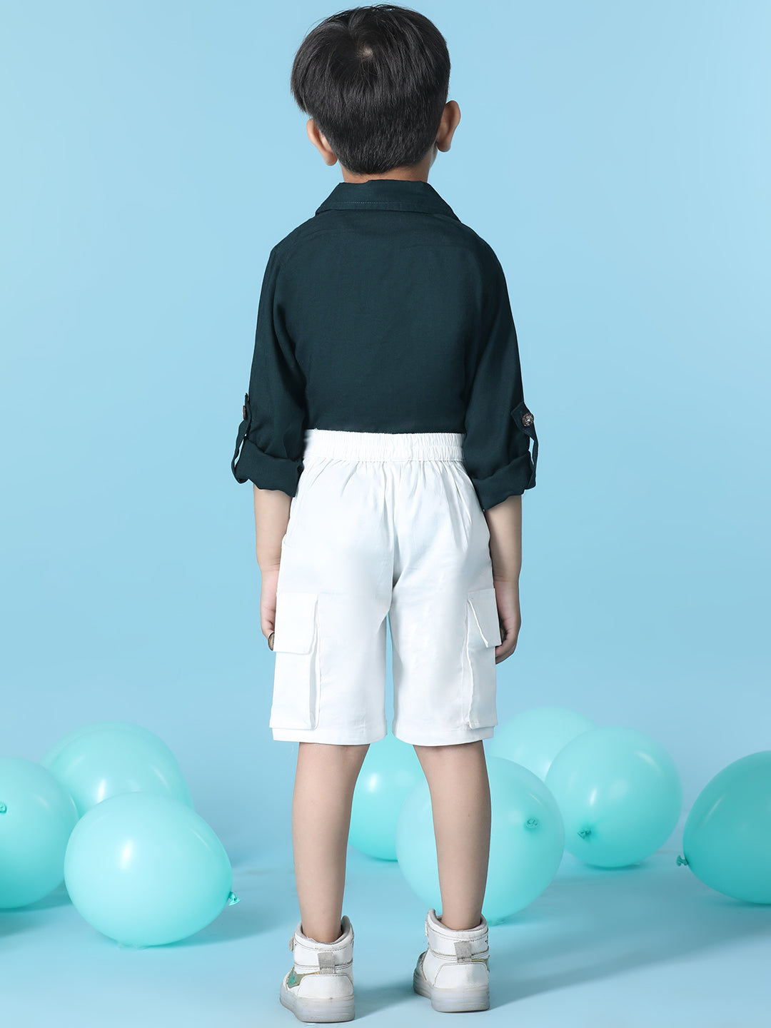 Cutiekins Boys Solid Shirt With Solid Lycra Cargo Short -Deep Green & White