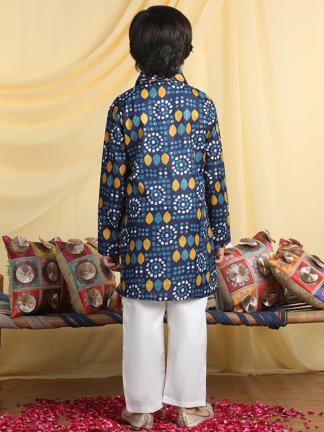 Cutiekins Boys Tropical Print Shirt Collar Kurta with Pajama -Dark Blue & White