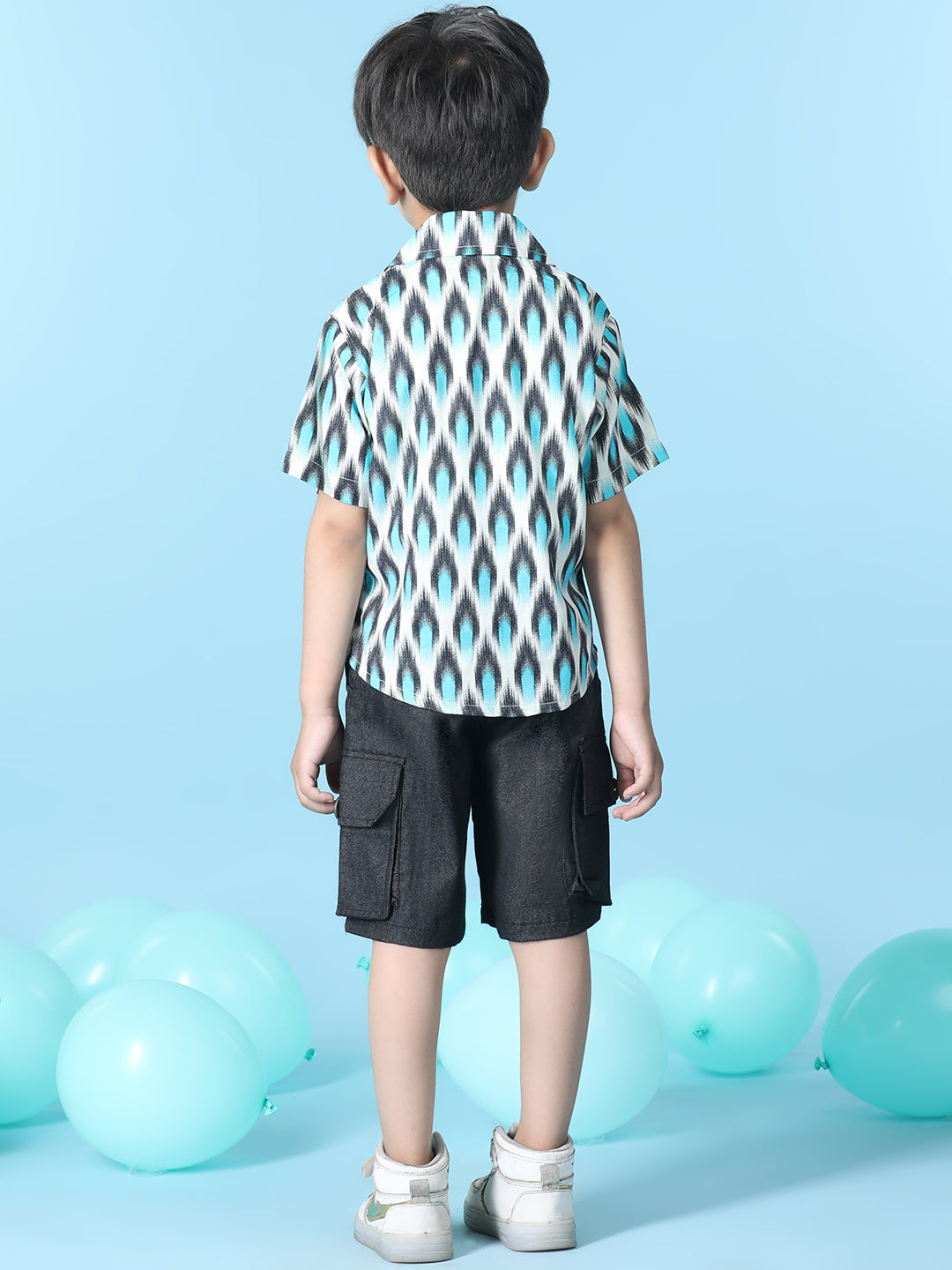 Cutiekins Boys Abstract Print Shirt With Solid Denim Cargo Short -Off White & Black