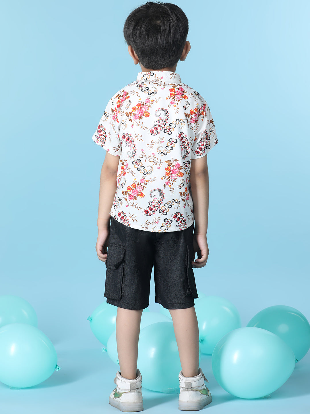 Cutiekins Boys Floral Print T-Shirt With Solid Denim Cargo Short -White & Black