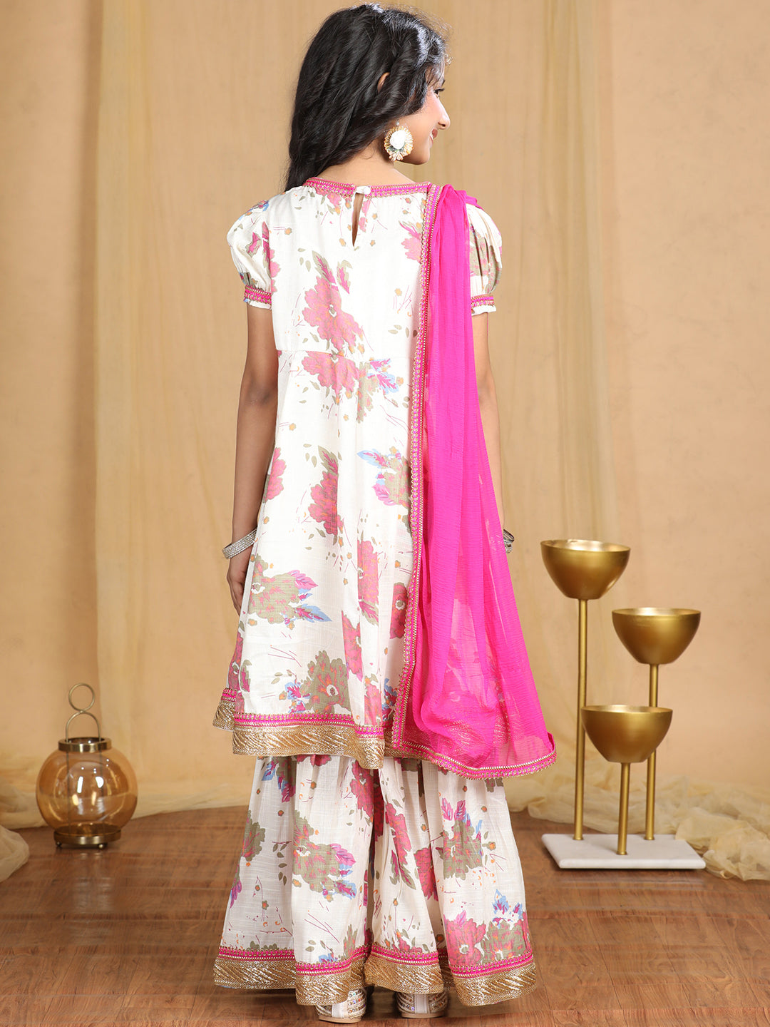 Cutiekins Girls Floral Print Angrakha Kurta & Sharara with Solid Dupatta -Off White & Rani Pink