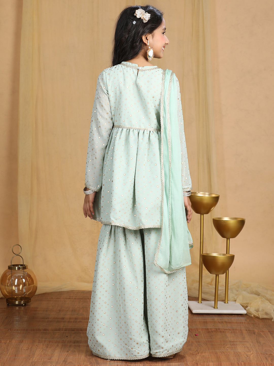 Cutiekins Girls Self Design Empire Kurta and Sharara with Dupatta -Pista Green & Gold