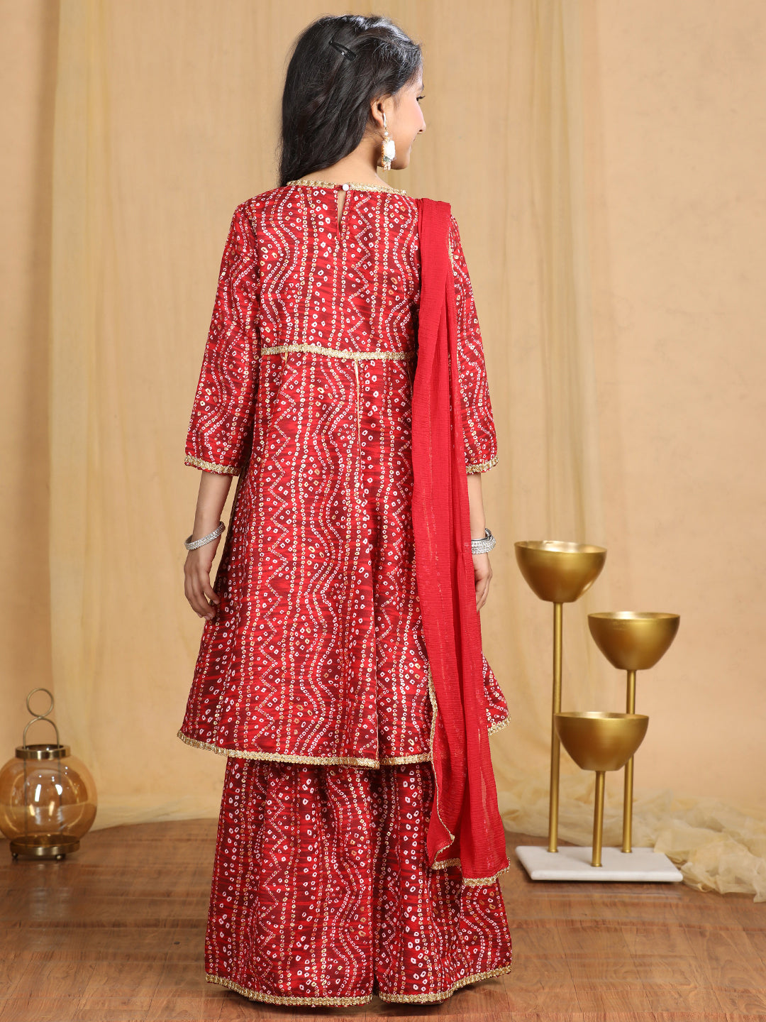 Cutiekins Girls Bandhani Print Angrakha Kurta and Sharara with Dupatta -Maroon & Off White