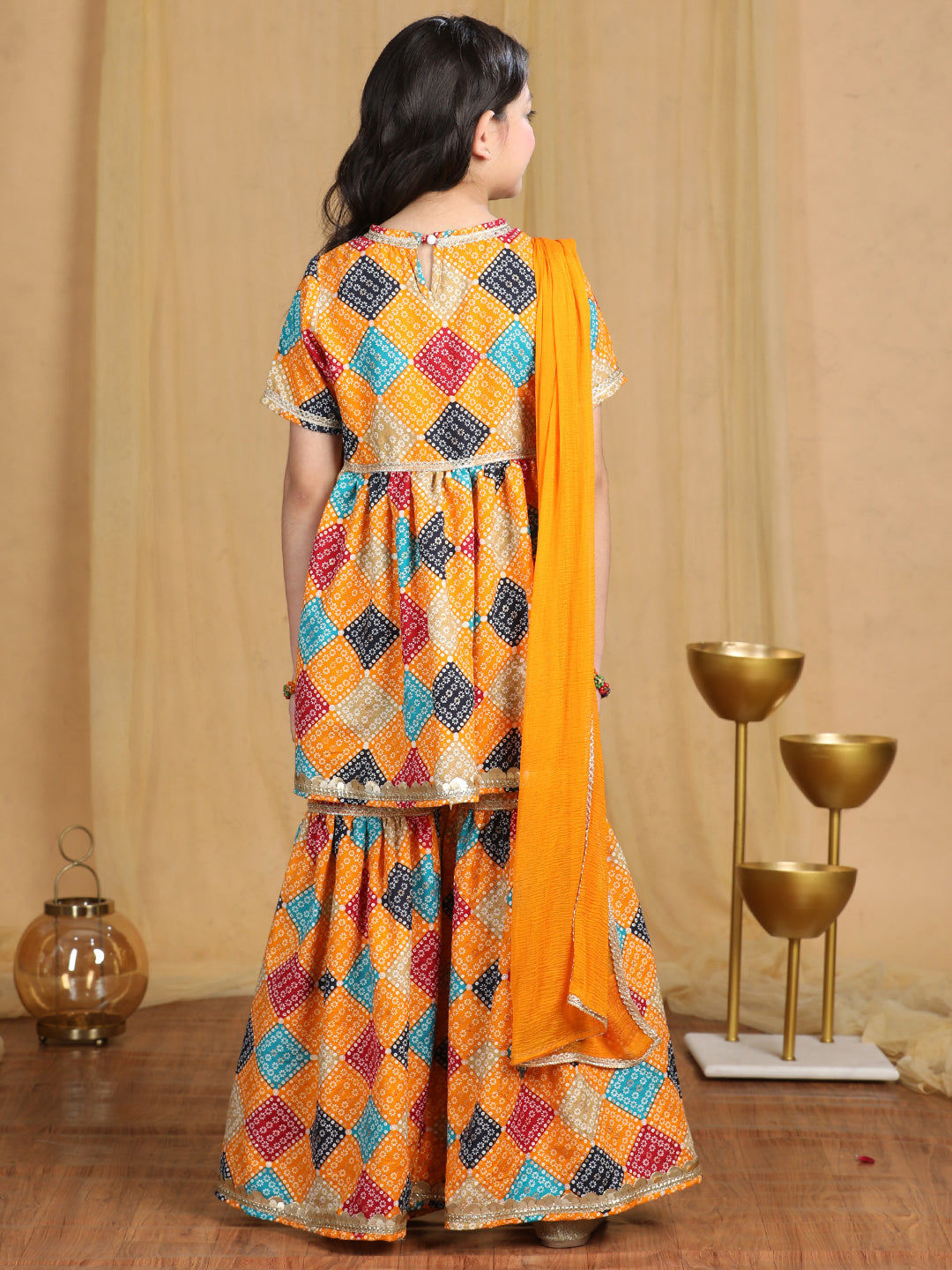 Cutiekins Girls Bandhani Print Empire Kurta and Sharara with Dupatta -Mustard & Multi