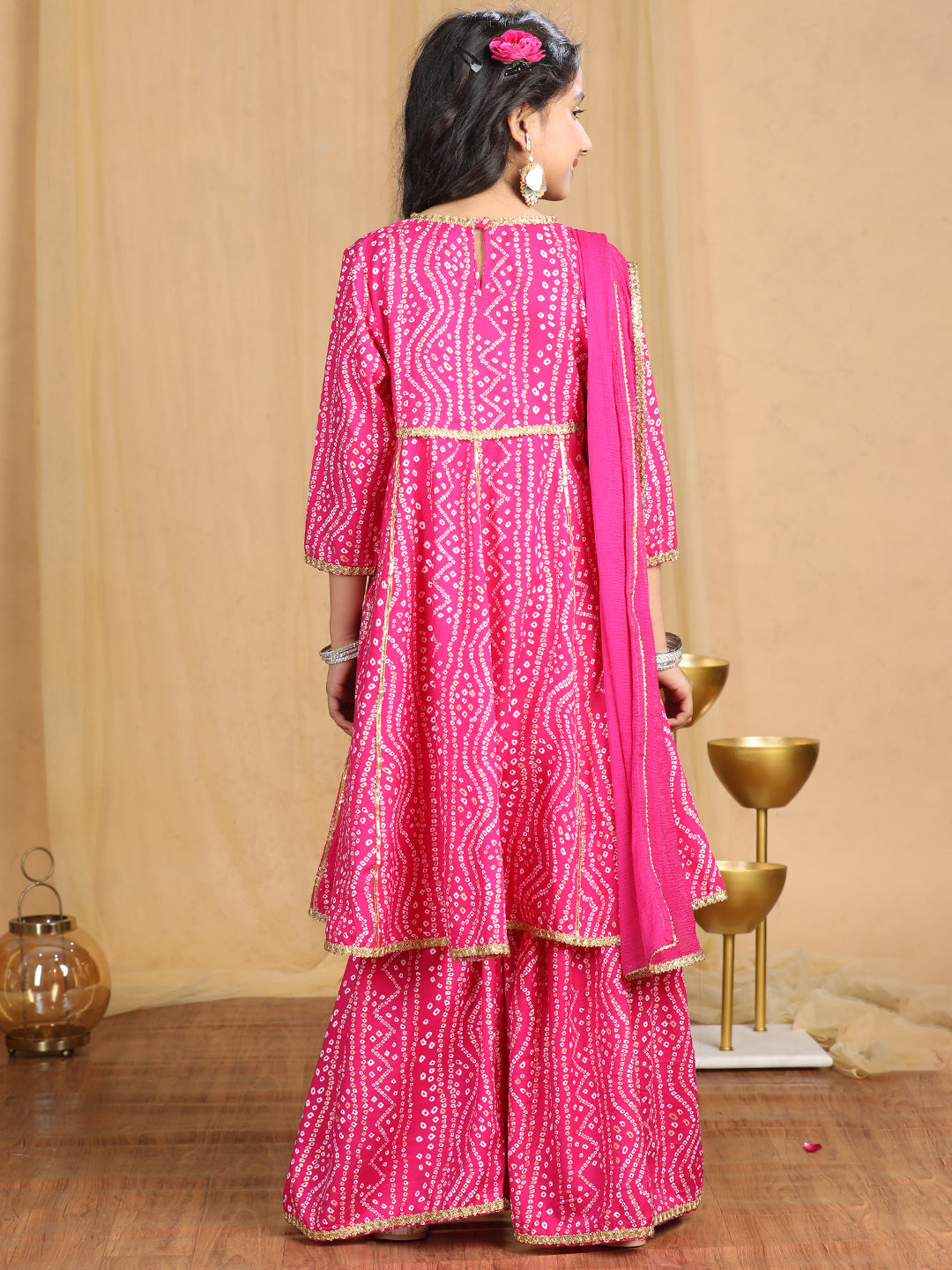 Cutiekins Girls Bandhani Print Angrakha Kurta and Sharara with Dupatta -Magenta & Off White