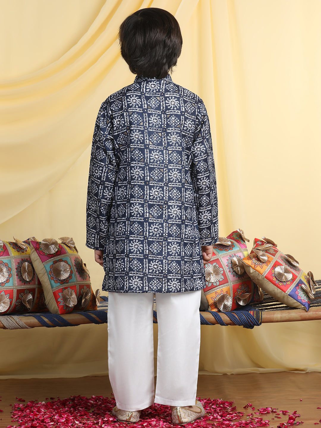 Cutiekins Boys Tribal Print Mandarin Collar Kurta with Pajama -Navy Blue & White