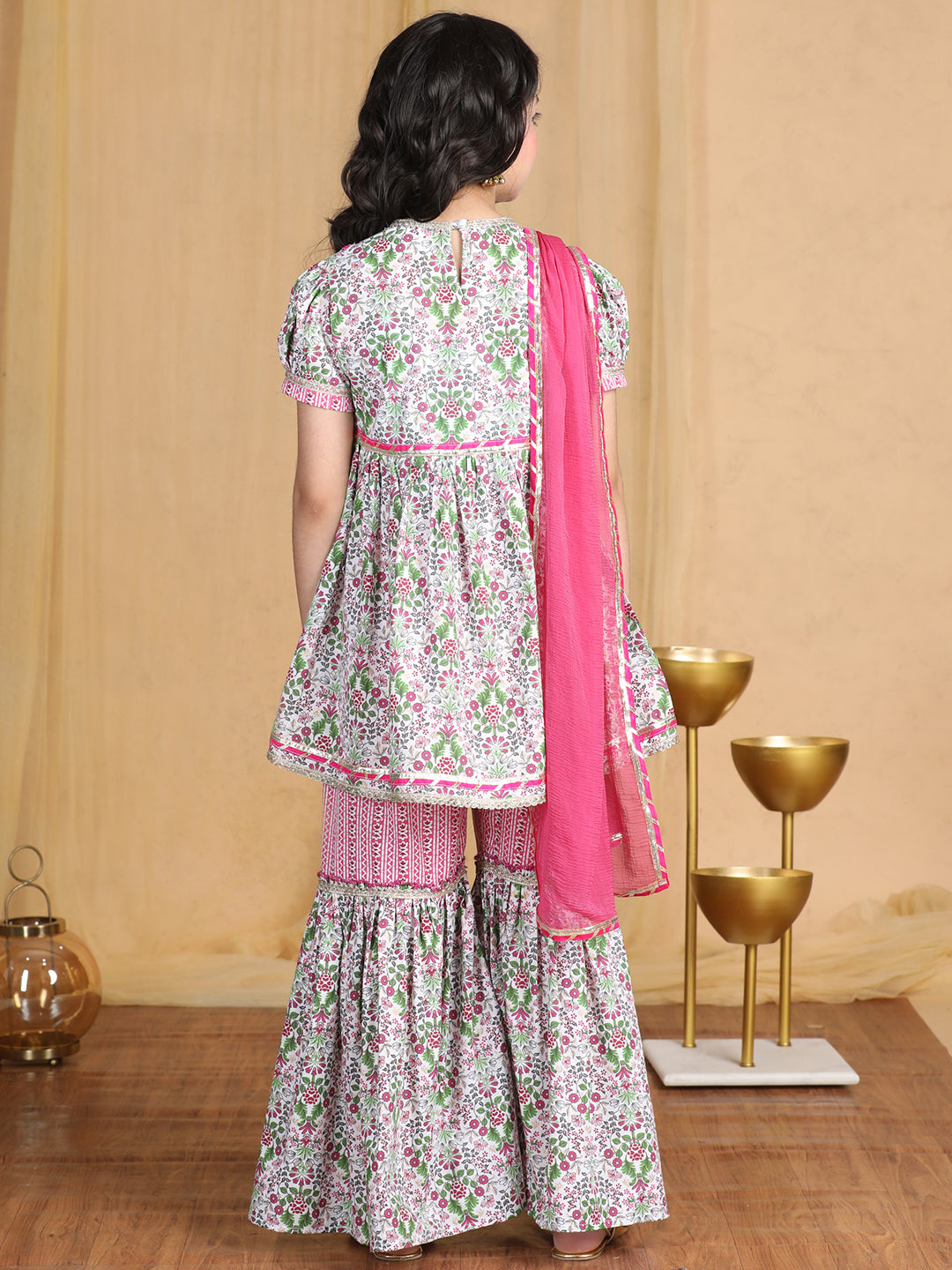 Cutiekins Girls Floral Print Sleeveless Kurta and Sharara with Dupatta -Off White & Onion Pink