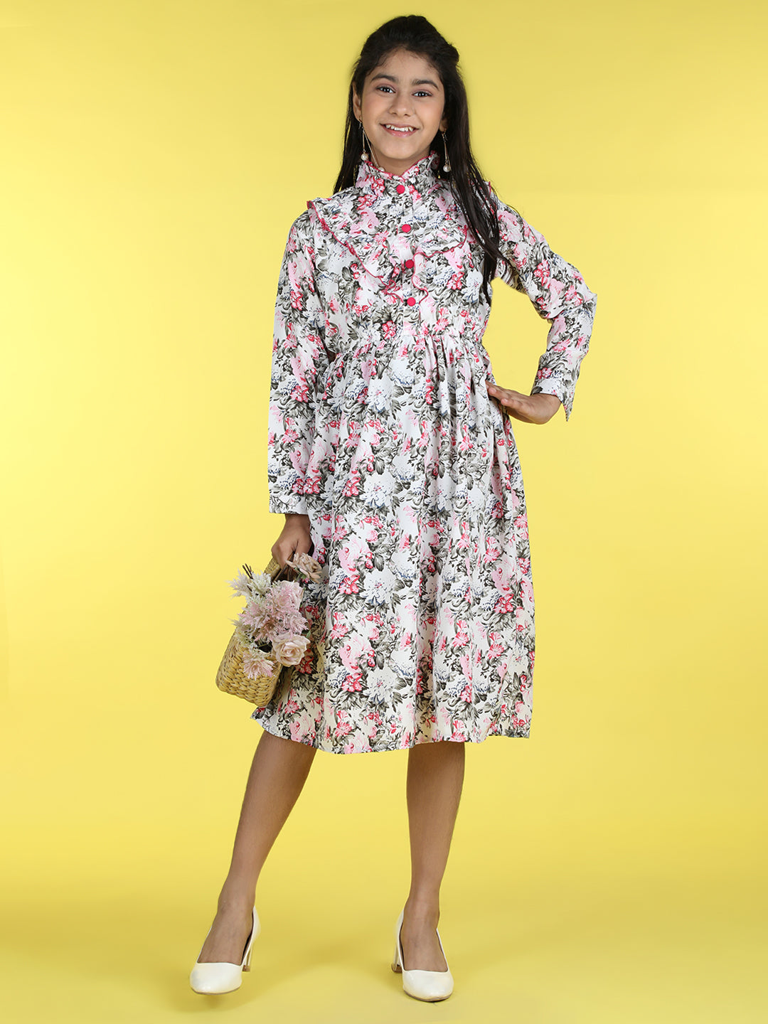 Cutiekins Mandarin Collar Printed Flared Dress-White & Pink